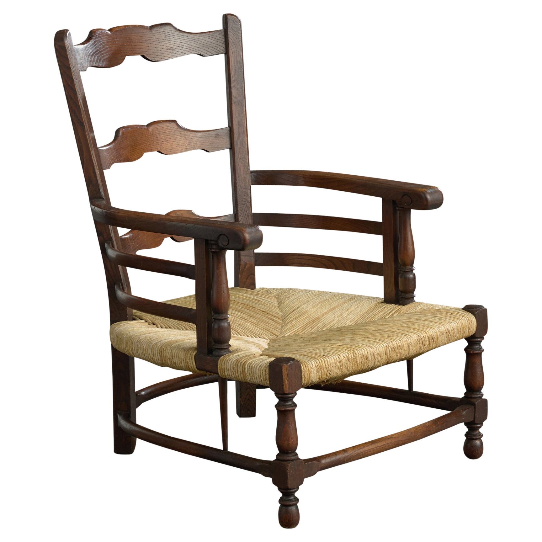 Italian Designer, Fireside Chair, Wood, Rush, Italy, 1940s For Sale