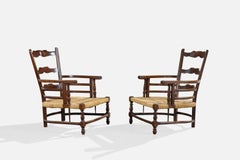 Designer italien, fauteuils de cheminée, bois, jonc, Italie, années 1940