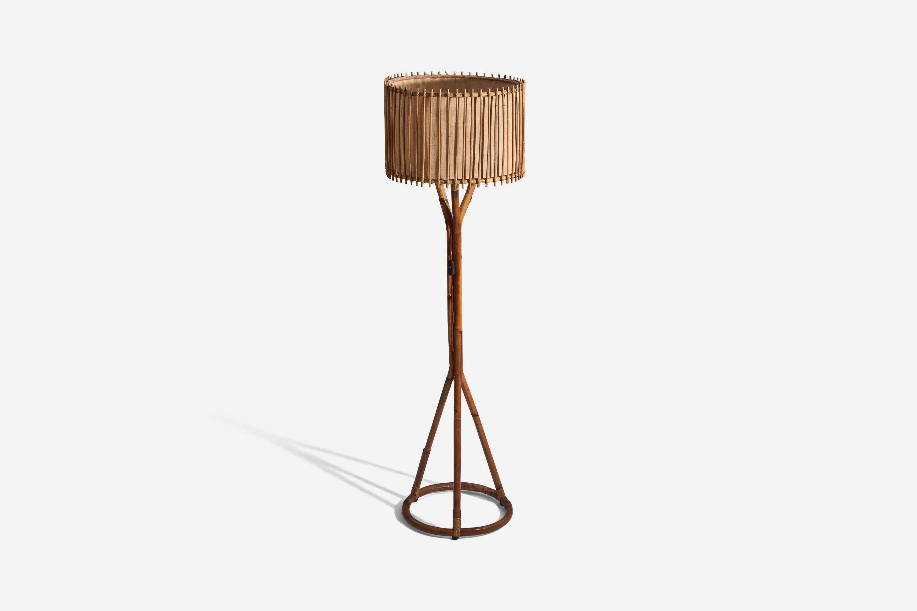 A bamboo, rattan and burlap floor lamp designed and produced by an Italian designer, Italy, 1960s.

