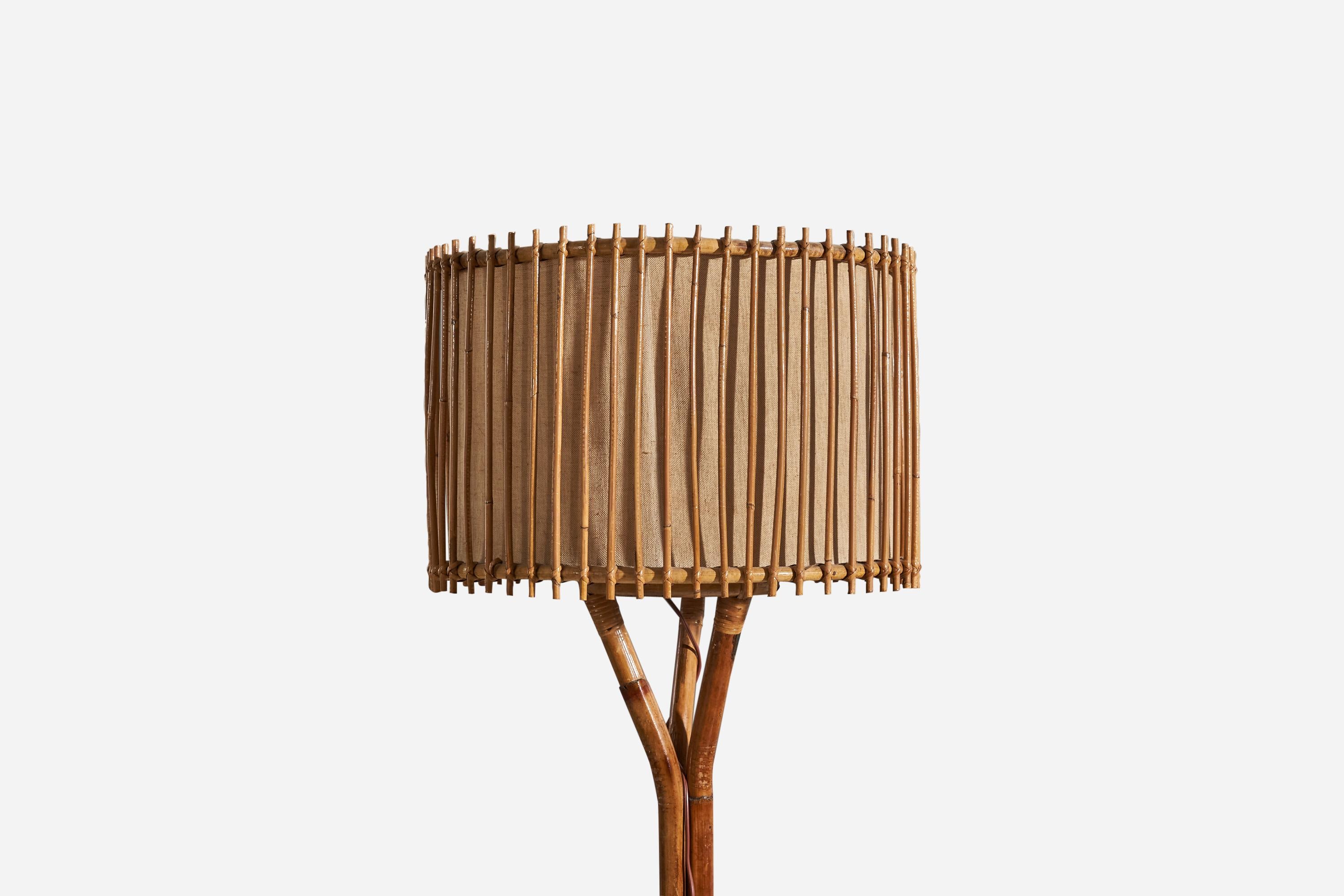 Mid-20th Century Italian Designer, Floor Lamp, Bamboo, Rattan, Burlap, Italy, 1960s For Sale