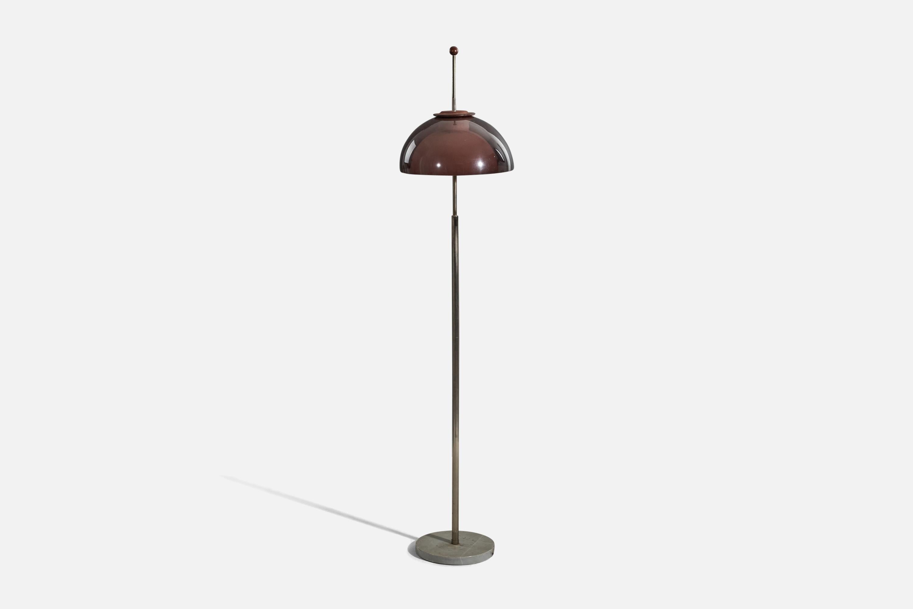 A brass, marble, teak and acrylic floor lamp designed and produced in Italy, c. 1950s.

Sold with Lampshade. 
Stated dimensions refer to the Floor Lamp with the Shade.