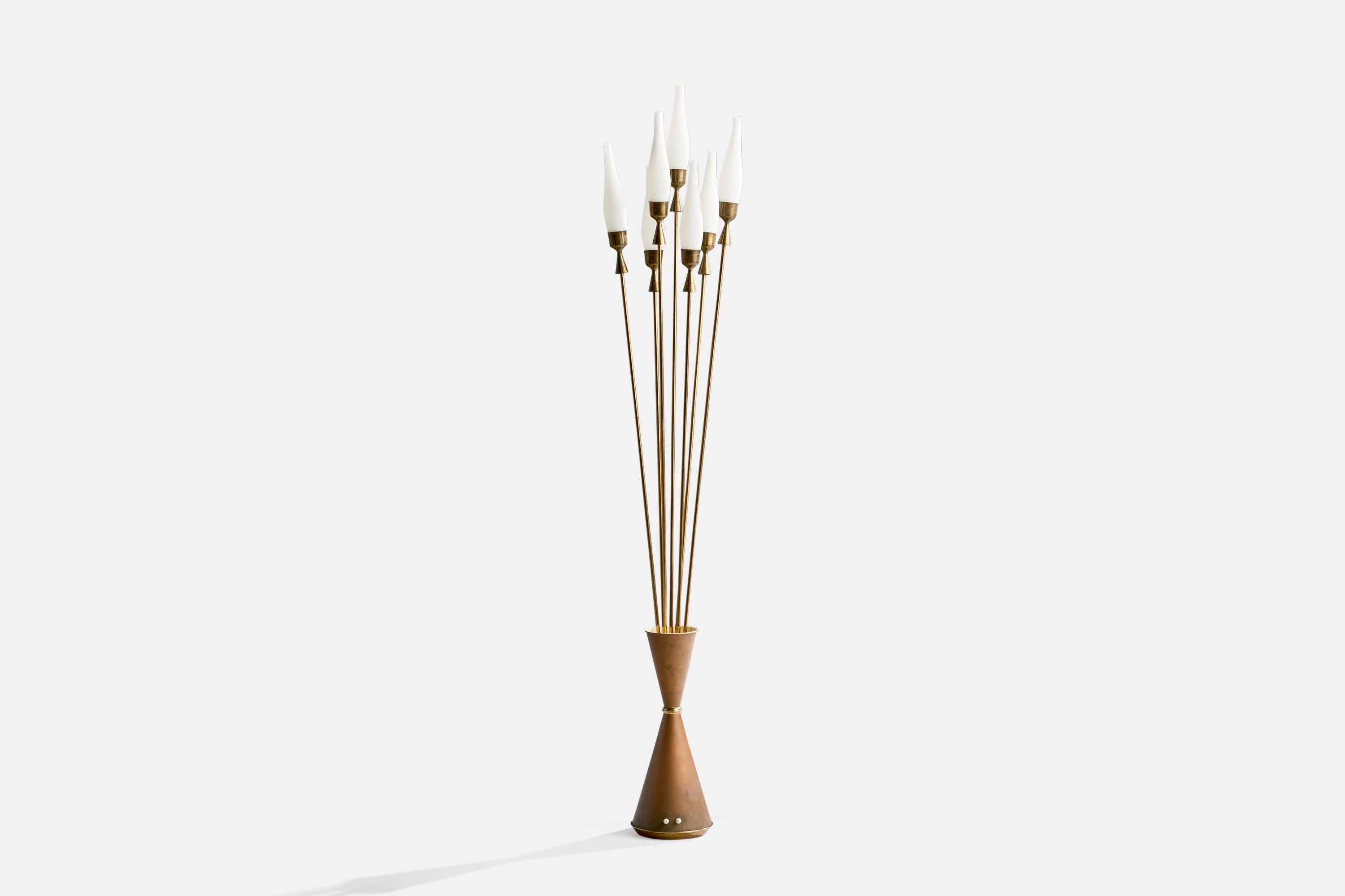 Mid-20th Century Italian Designer, Floor Lamp, Brass, Copper, Glass, Italy, 1950s For Sale