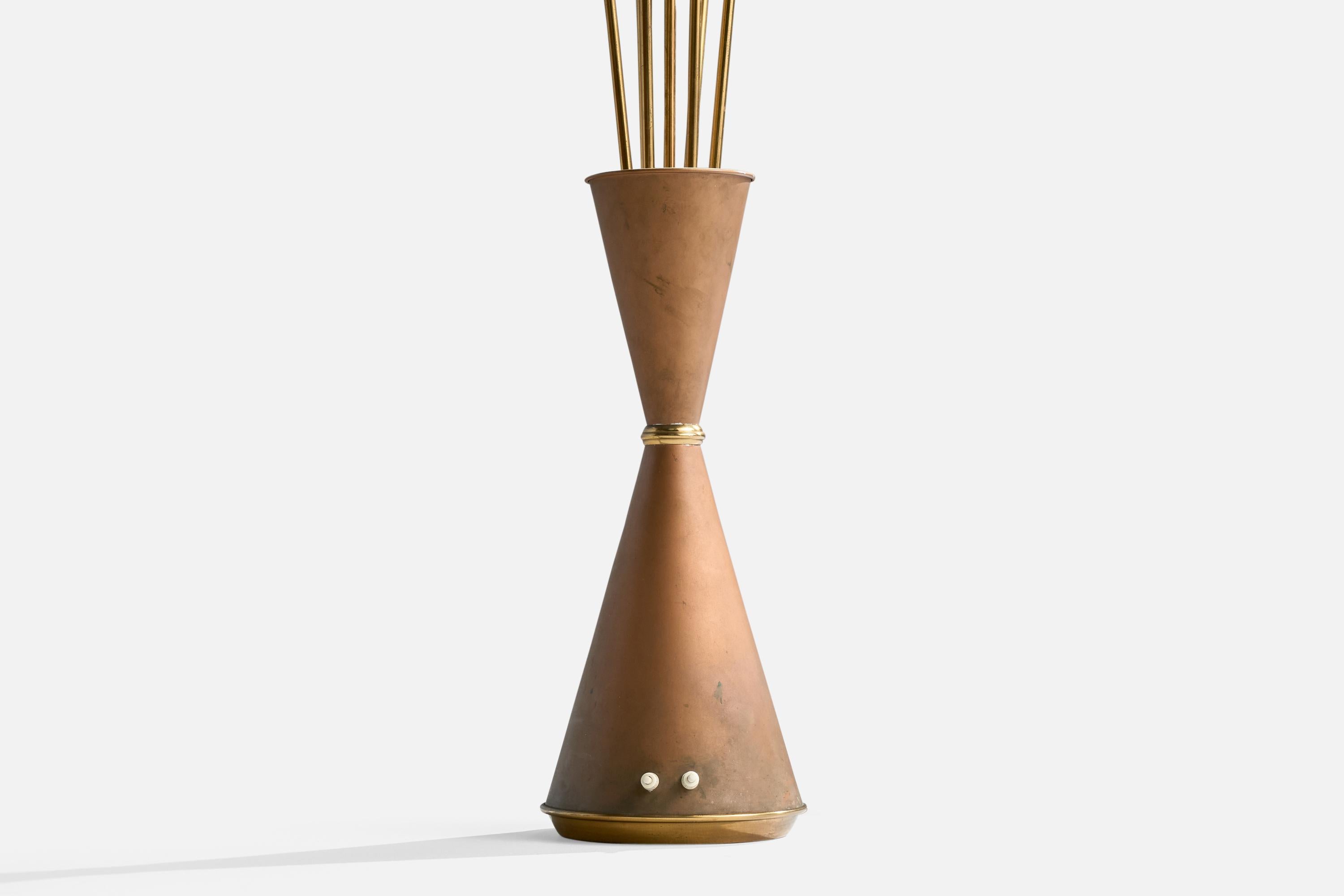 Italian Designer, Floor Lamp, Brass, Copper, Glass, Italy, 1950s For Sale 1