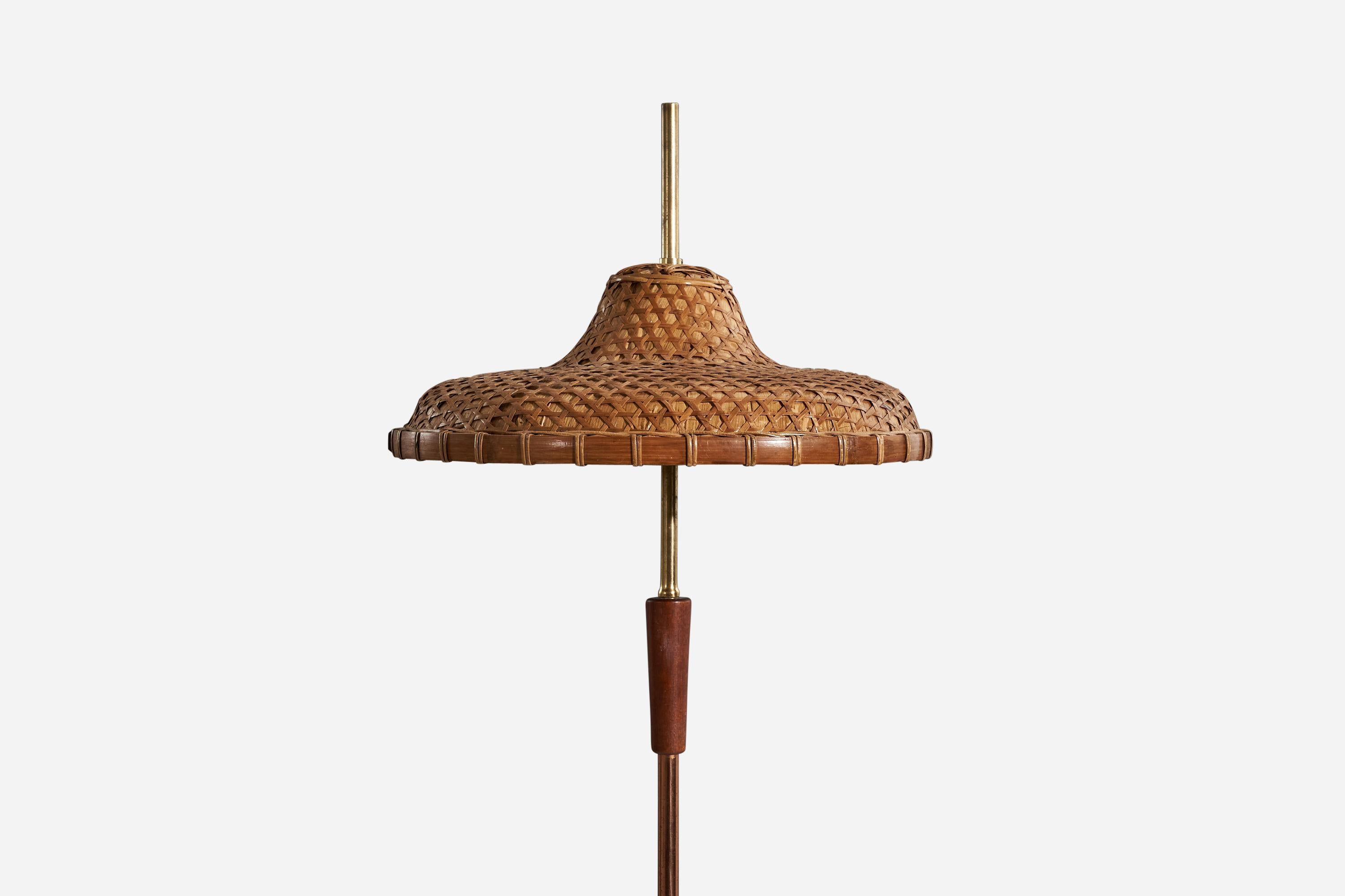 Mid-Century Modern Italian Designer, Floor Lamp, Brass, Copper, Teak, Rattan, Italy, 1950s For Sale