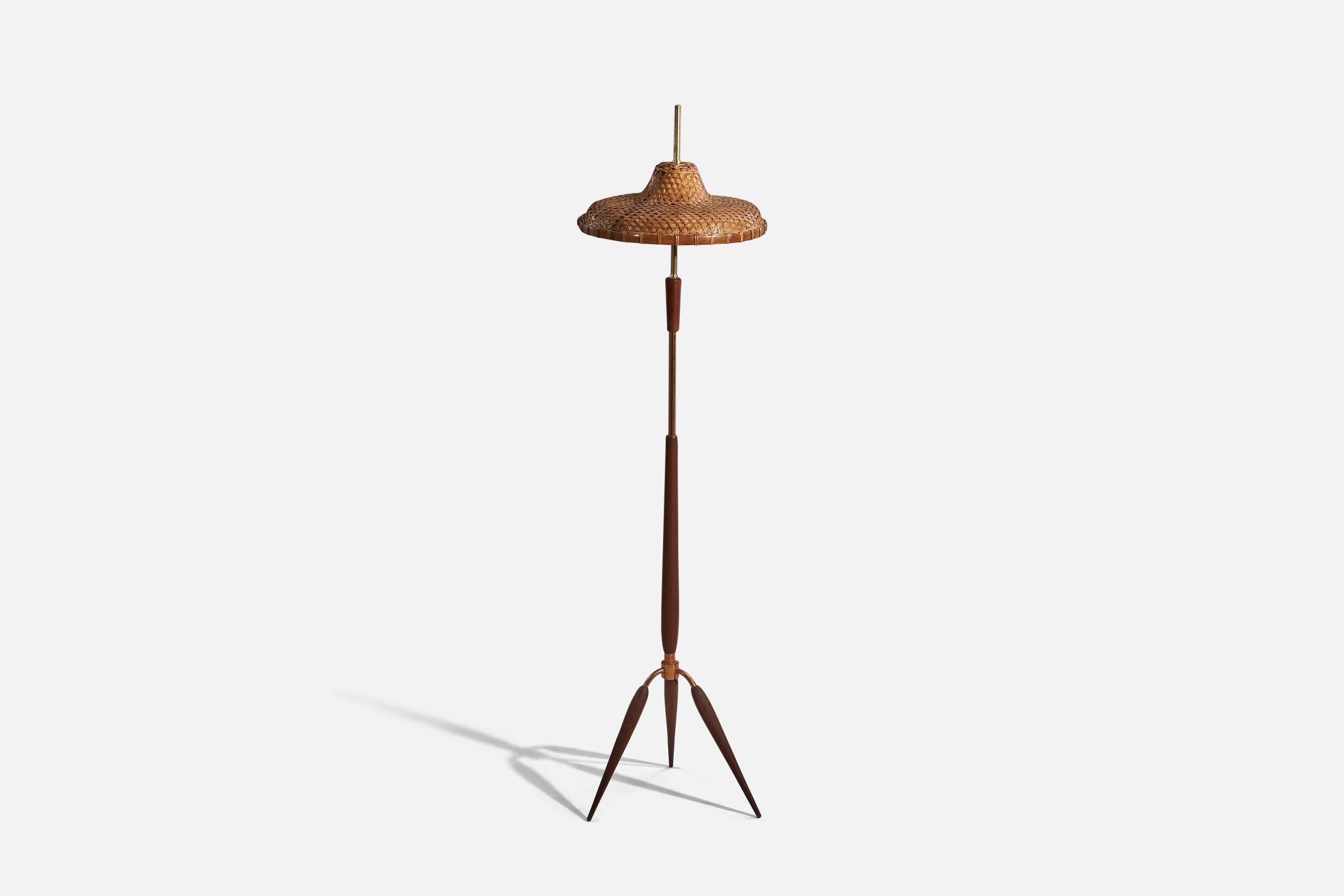 Mid-20th Century Italian Designer, Floor Lamp, Brass, Copper, Teak, Rattan, Italy, 1950s For Sale