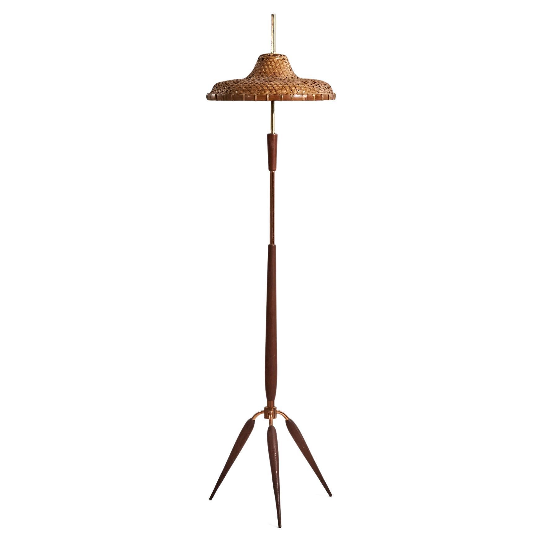 Italian Designer, Floor Lamp, Brass, Copper, Teak, Rattan, Italy, 1950s For Sale