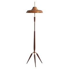 Italian Designer, Floor Lamp, Brass, Copper, Teak, Rattan, Italy, 1950s