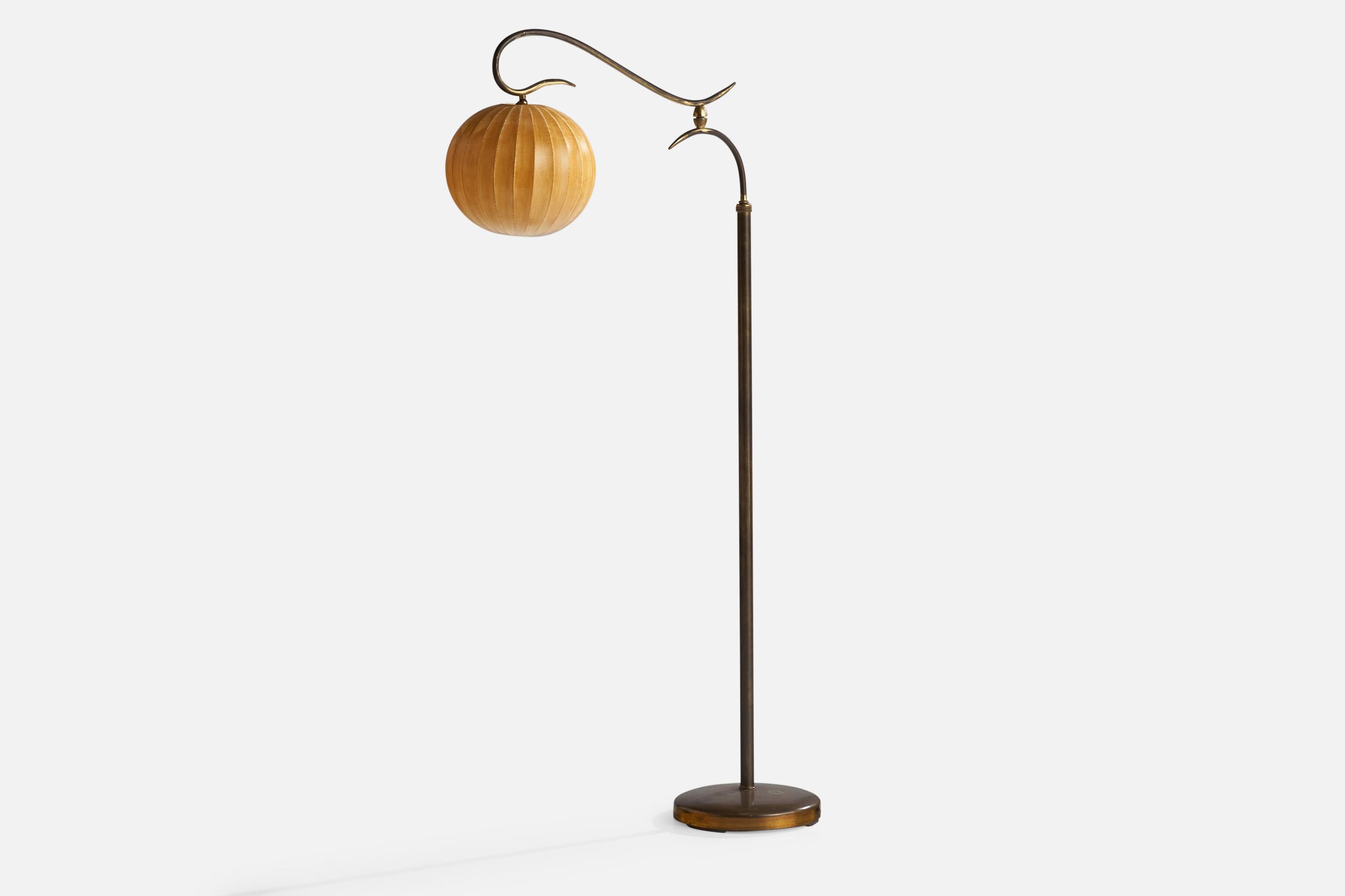 An adjustable brass and waxed cotton floor lamp designed and produced in Italy, 1930s.

Overall Dimensions (inches): 65” H x 12.25” W x 26.5” D
Stated dimensions include shade.
Bulb Specifications: E-26 Bulb
Number of Sockets: 1
All lighting will be