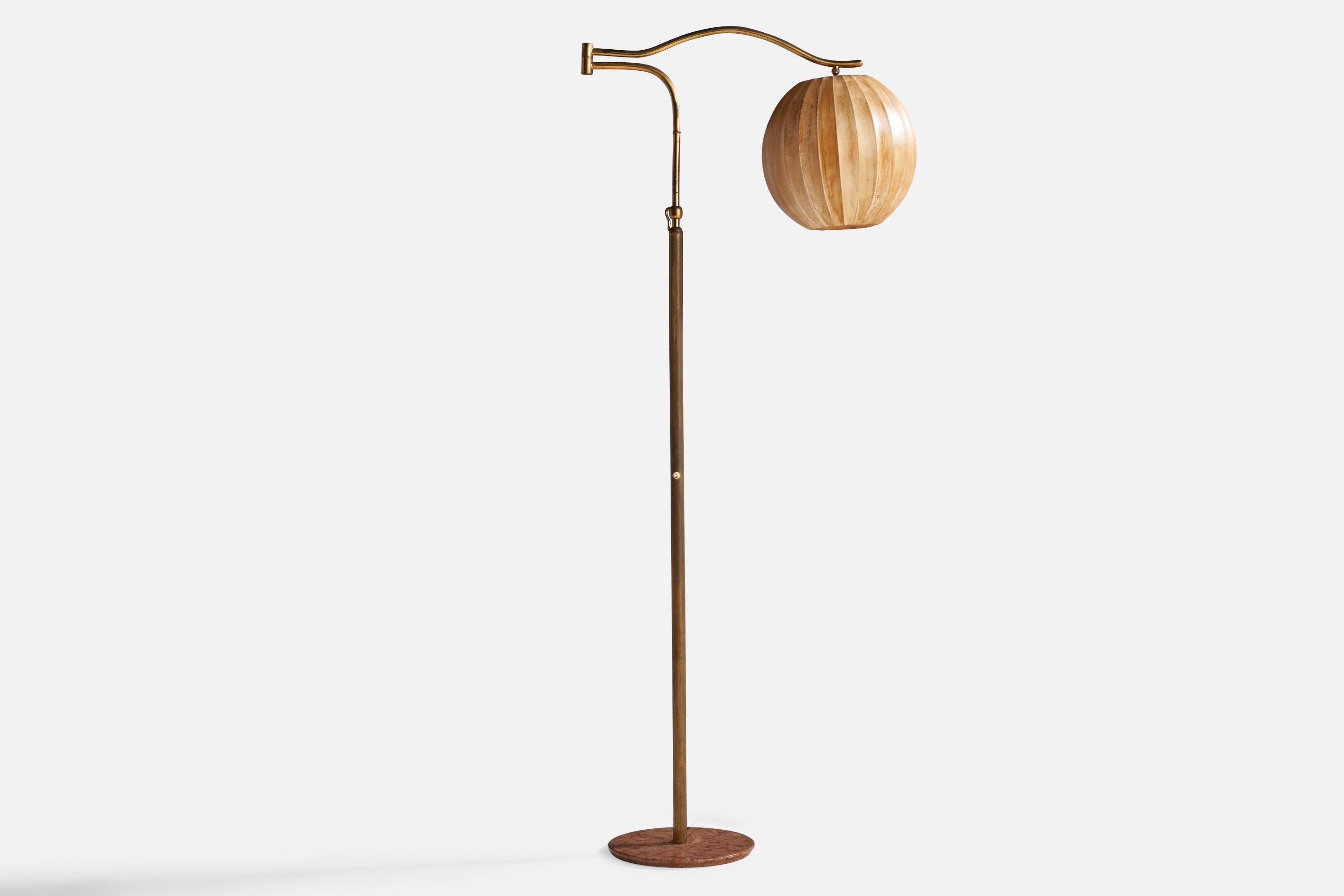 An adjustable brass, waxed cotton and marble floor lamp designed and produced in Italy, 1940s.

Overall Dimensions (inches): 70” H x 12.5”  D
Stated dimensions include shade.
Bulb Specifications: E-26 Bulb
Number of Sockets: 1
All lighting will be