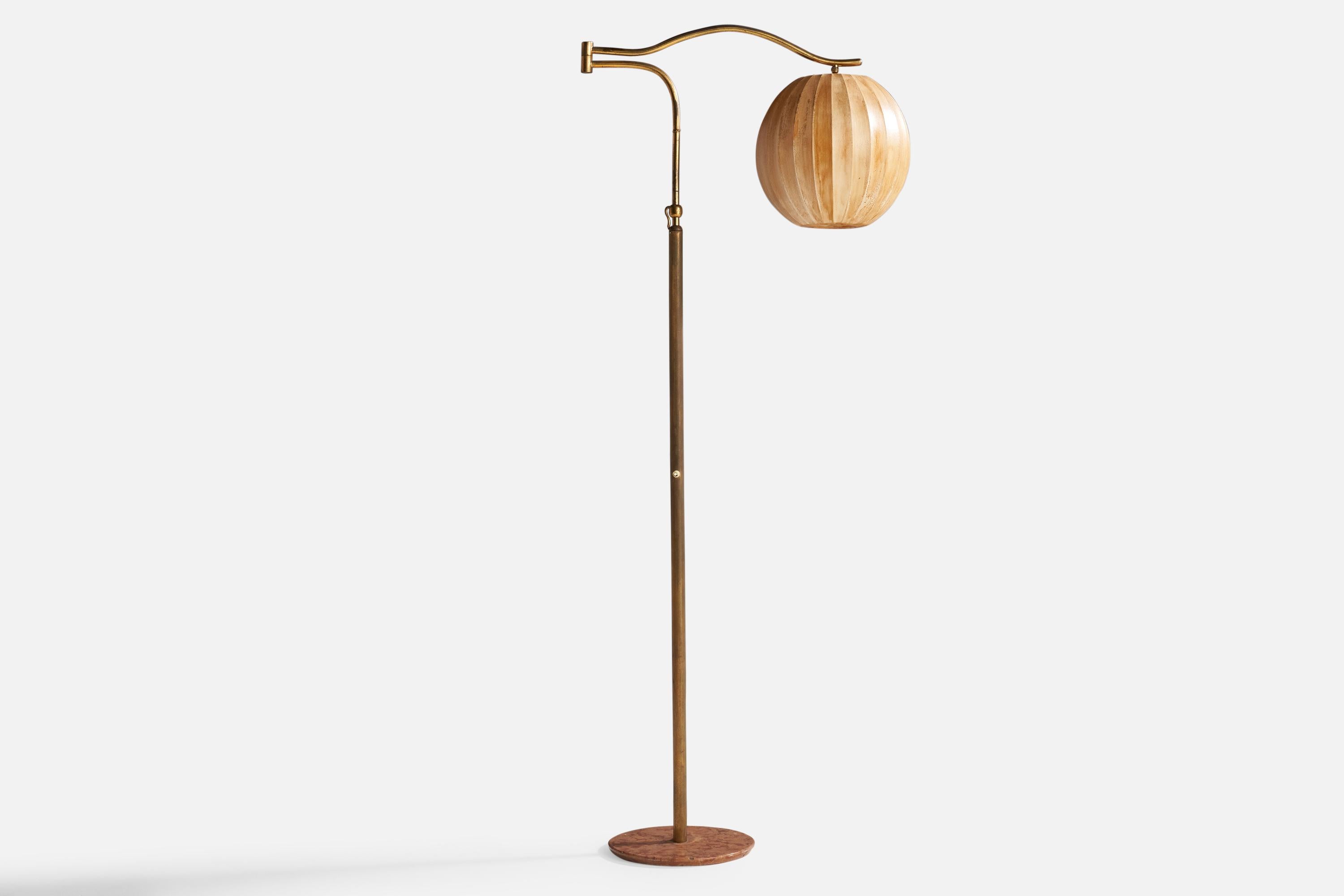 Modern Italian Designer, Floor Lamp, Brass, Cotton, Marble, Italy, 1940s For Sale