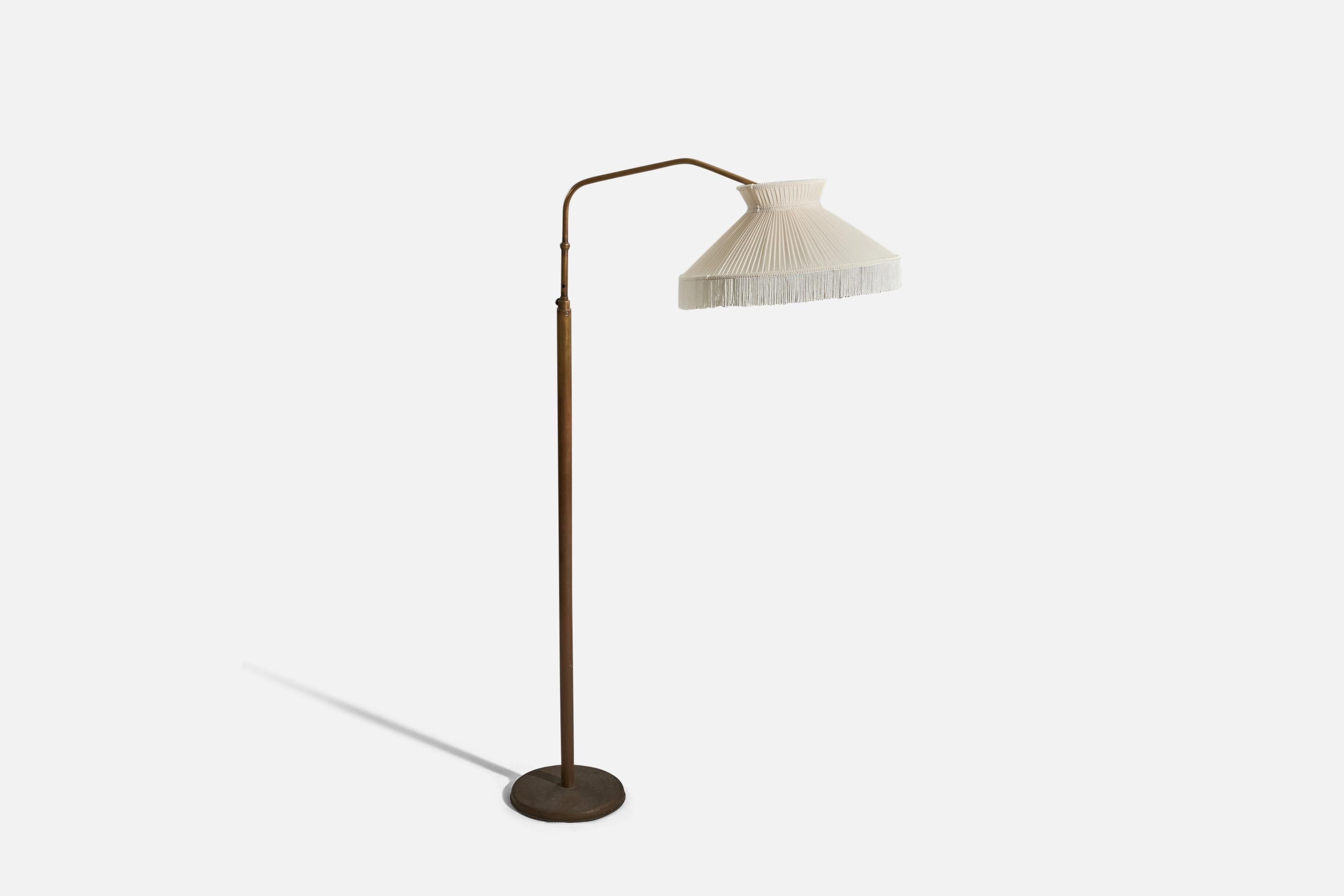 Mid-Century Modern Italian Designer, Floor Lamp, Brass, Fabric, Italy, 1940s For Sale