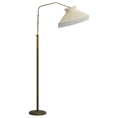 Lampada da terra di design italiano, ottone, tessuto, Italia, anni '40