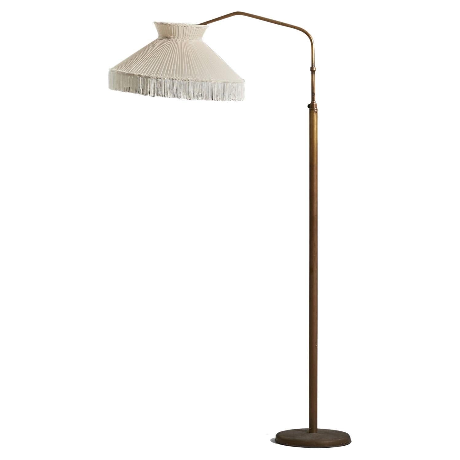 Italian Designer, Floor Lamp, Brass, Fabric, Italy, 1940s For Sale