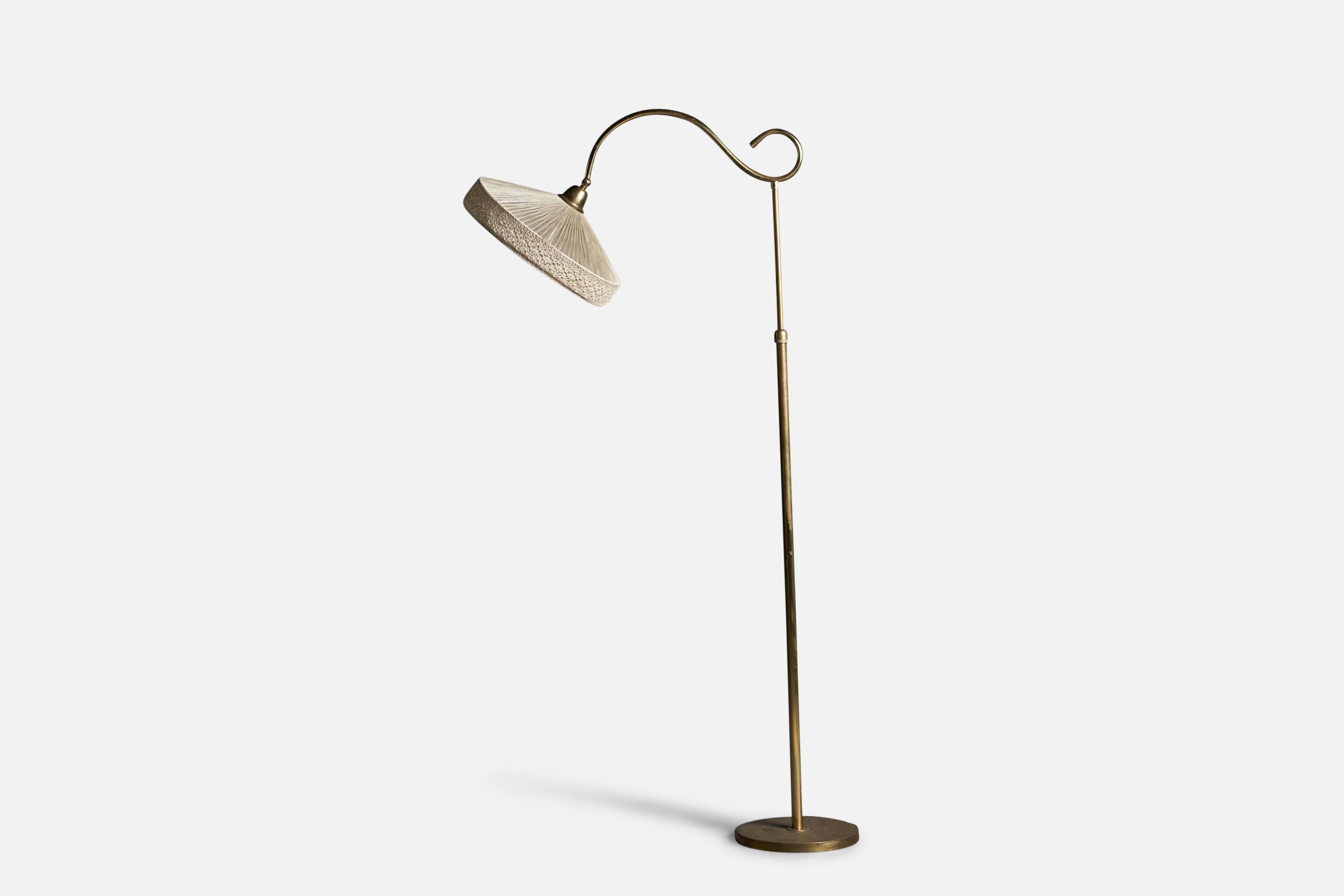 Mid-Century Modern Italian Designer, Floor Lamp, Brass, Glass, Fabric, 1940s For Sale