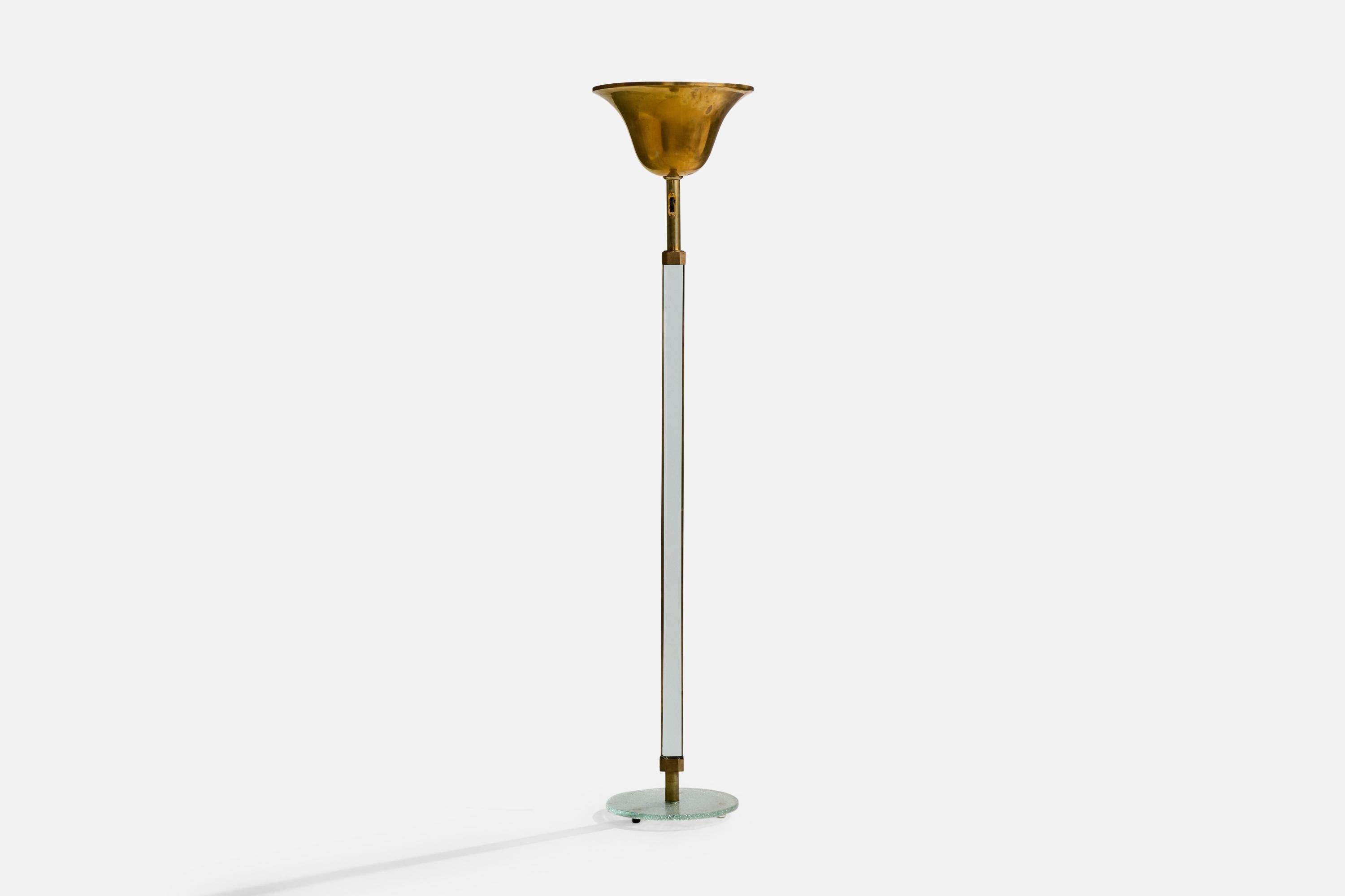 A brass and glass floor lamp designed and produced in Italy, c. 1940s.

Dimensions of Lamp (inches): 69.5