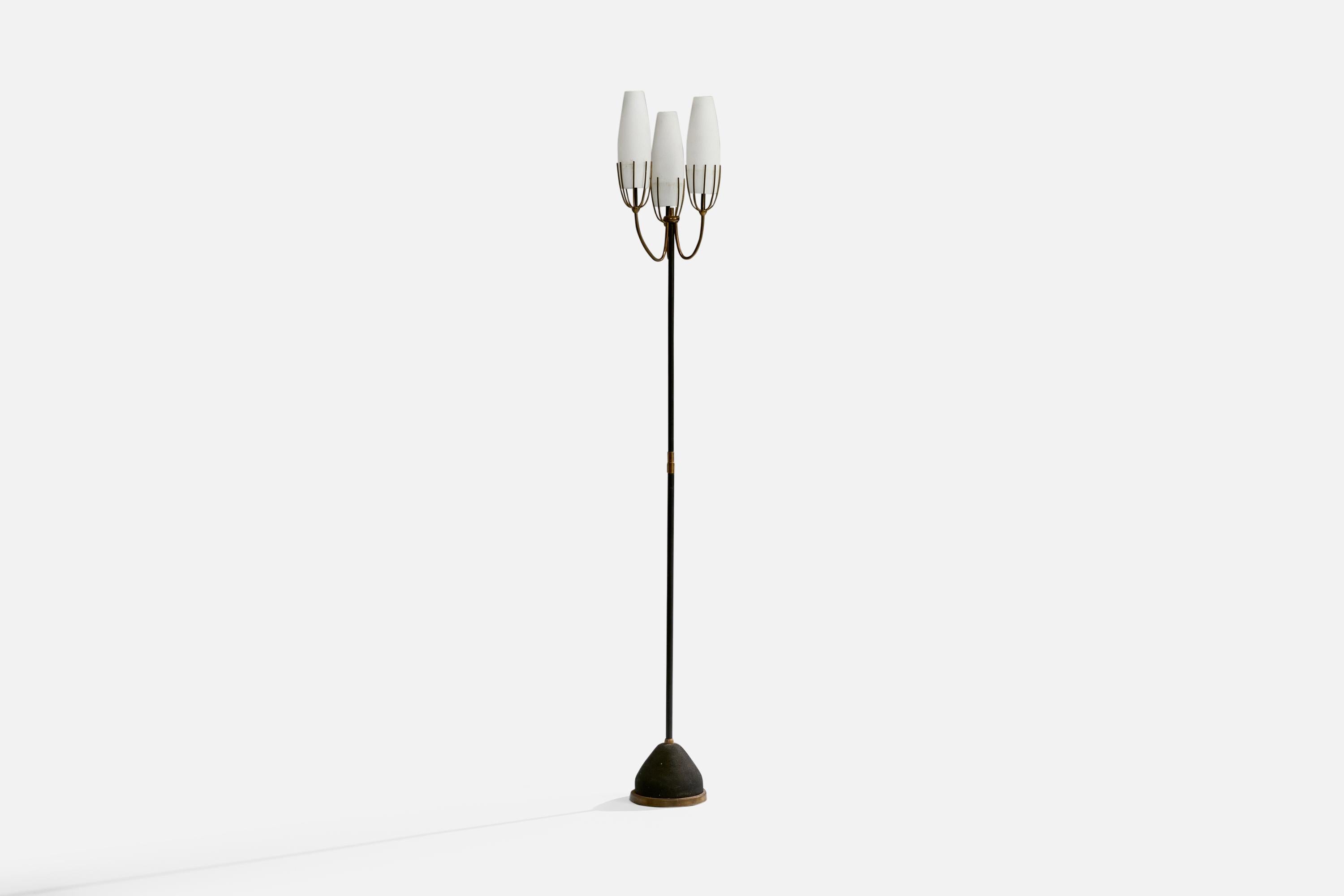 A brass, white opaline glass, black-lacquered metal and iron floor lamp designed and produced in Italy, c. 1950s.

Light discoloration to glass shades.

Dimensions of Lamp with Shade (inches): 65.125“ H x 8.5“ Diameter

Bulb Specifications: