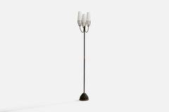 Italian Designer, Floor Lamp, Brass, Iron, Metal, Glass, Italy, 1950s