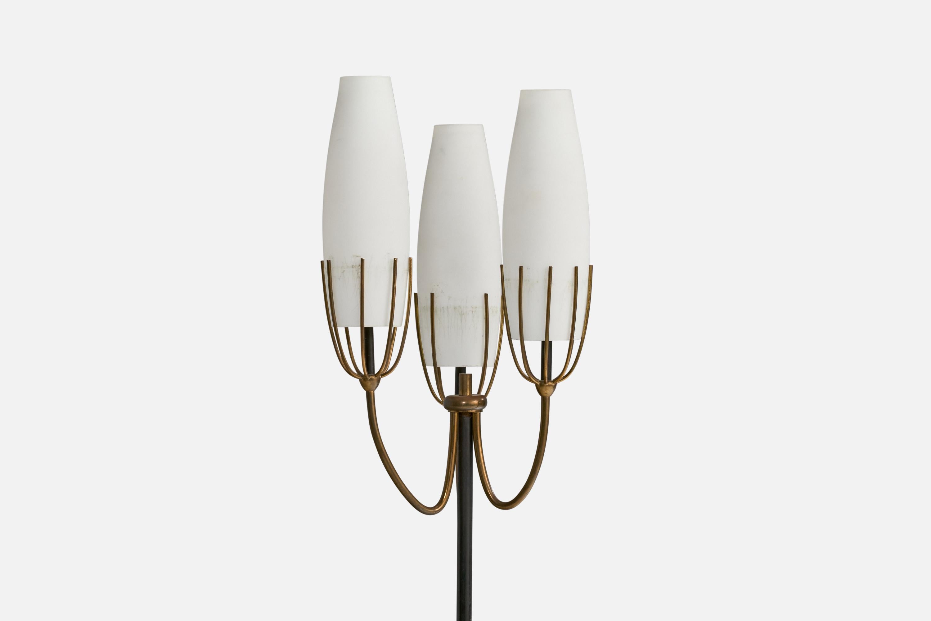 Italian Designer, Floor Lamp, Brass, Iron, Metal, Glass, Italy, 1950s In Good Condition For Sale In High Point, NC