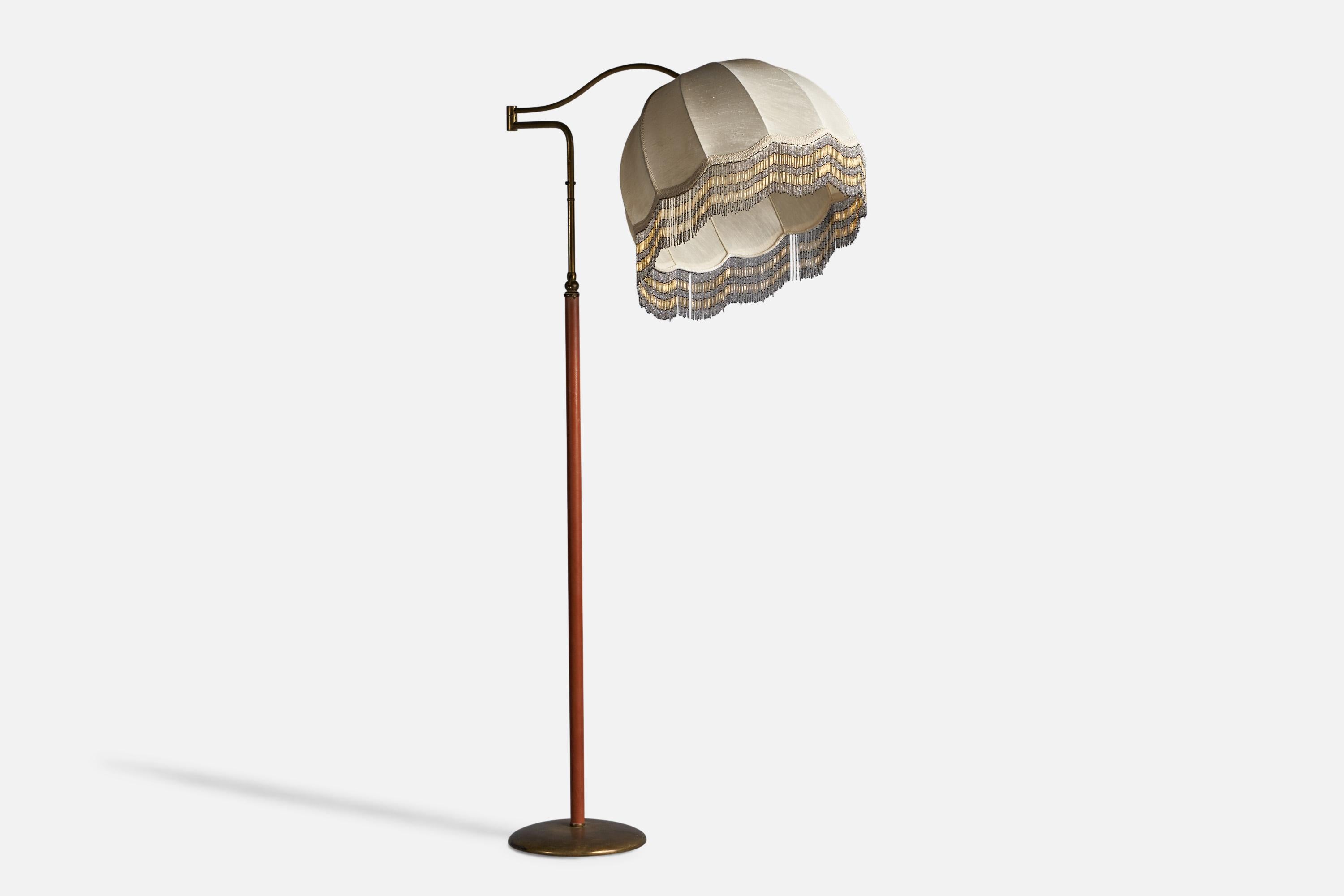 Italian Designer, Floor Lamp, Brass, Leather, Fabric, Italy, 1930s In Good Condition For Sale In High Point, NC