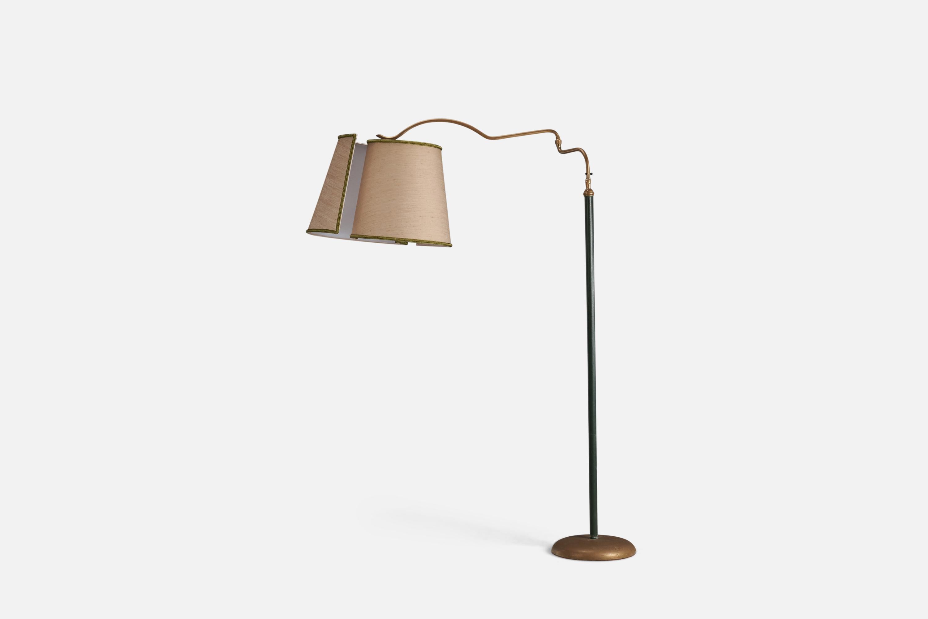 A brass, leatherette and fabric floor lamp designed and produced by an Italian Designer, Italy, 1940s.

Socket takes standard E-26 medium base bulb.

There is no maximum wattage stated on the fixture.