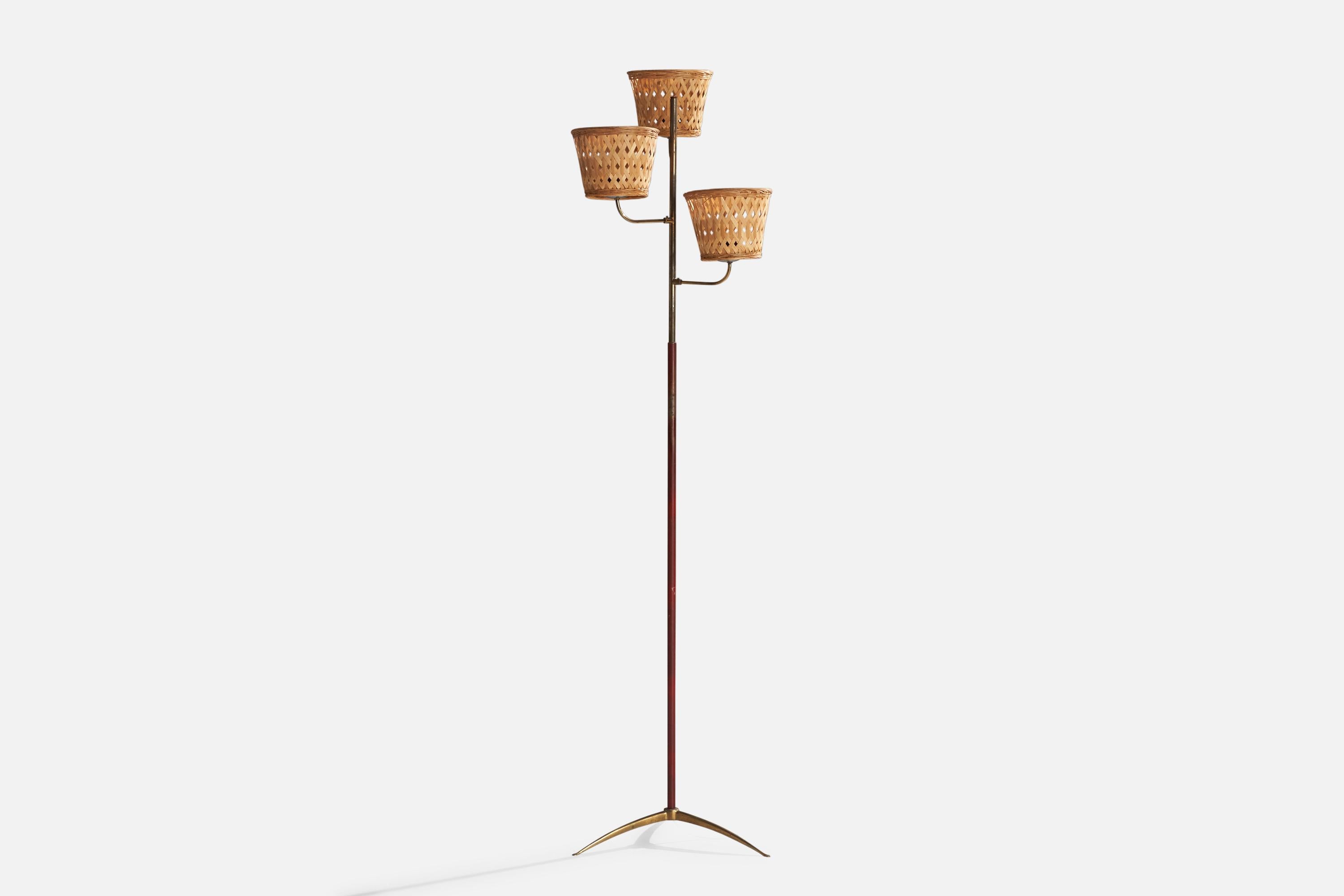 Lampadaire en laiton, similicuir rouge, métal et rotin, conçu et produit en Italie, C.C.

Dimensions de la lampe avec abat-jour (pouces) : 72