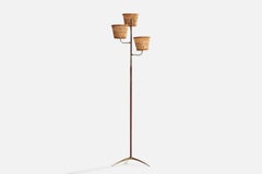 Italian Designer, Floor Lamp, Brass, Leatherette, Rattan, Italy, 1940s