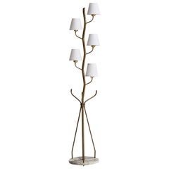 Italian Designer, Floor Lamp, Brass, Marble, Fabric, Italy, 1950s