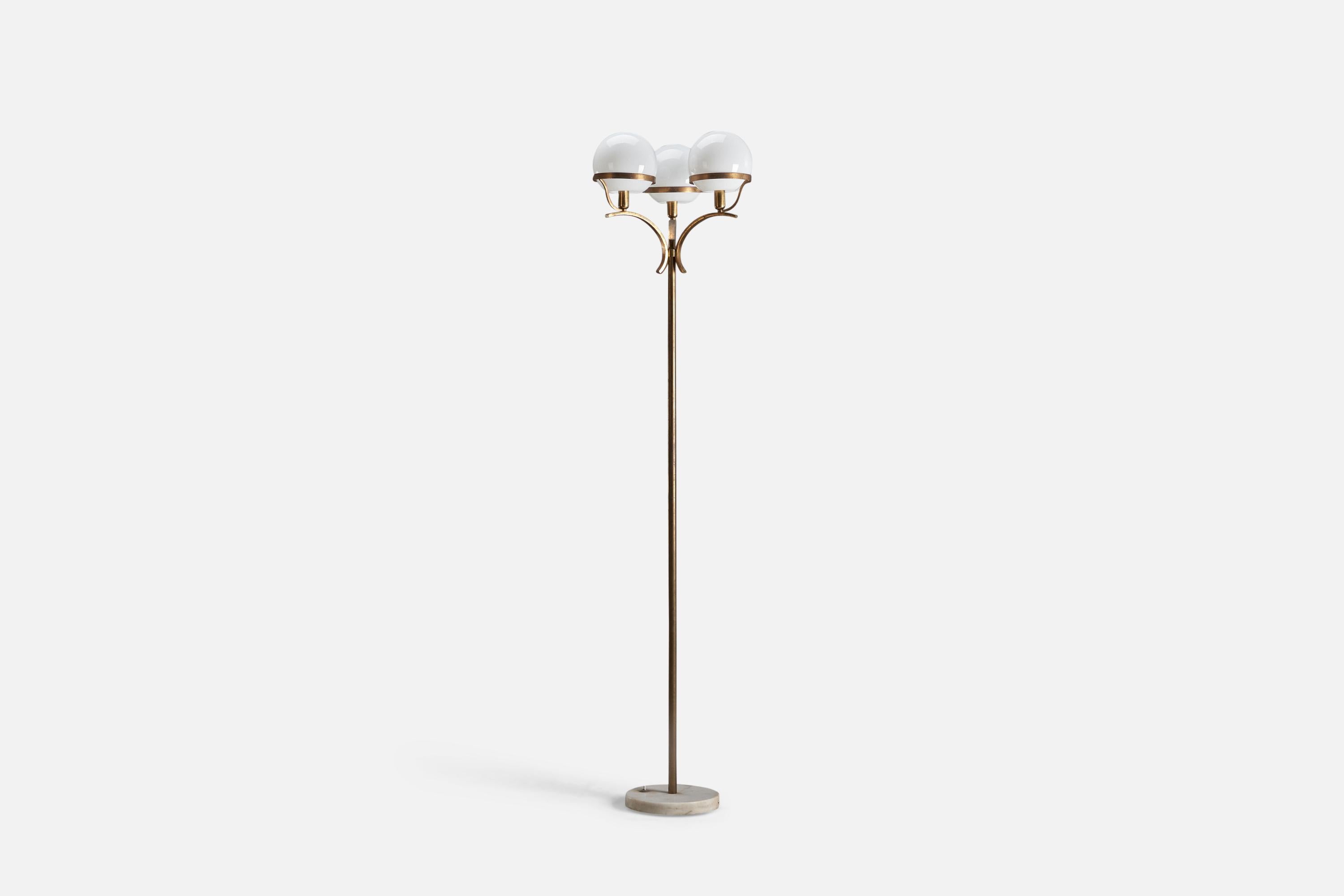 A brass, marble and glass floor lamp designed and produced by an Italian Designer, Italy, 1950s.

Sockets take E-14 bulbs.

There is no maximum wattage stated on the fixture.