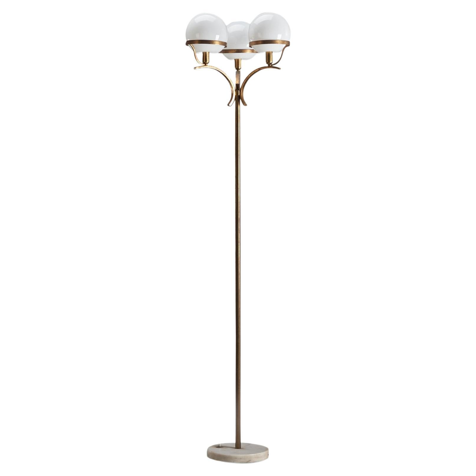 Lampadaire de designer italien, laiton, marbre, verre, Italie, années 1950