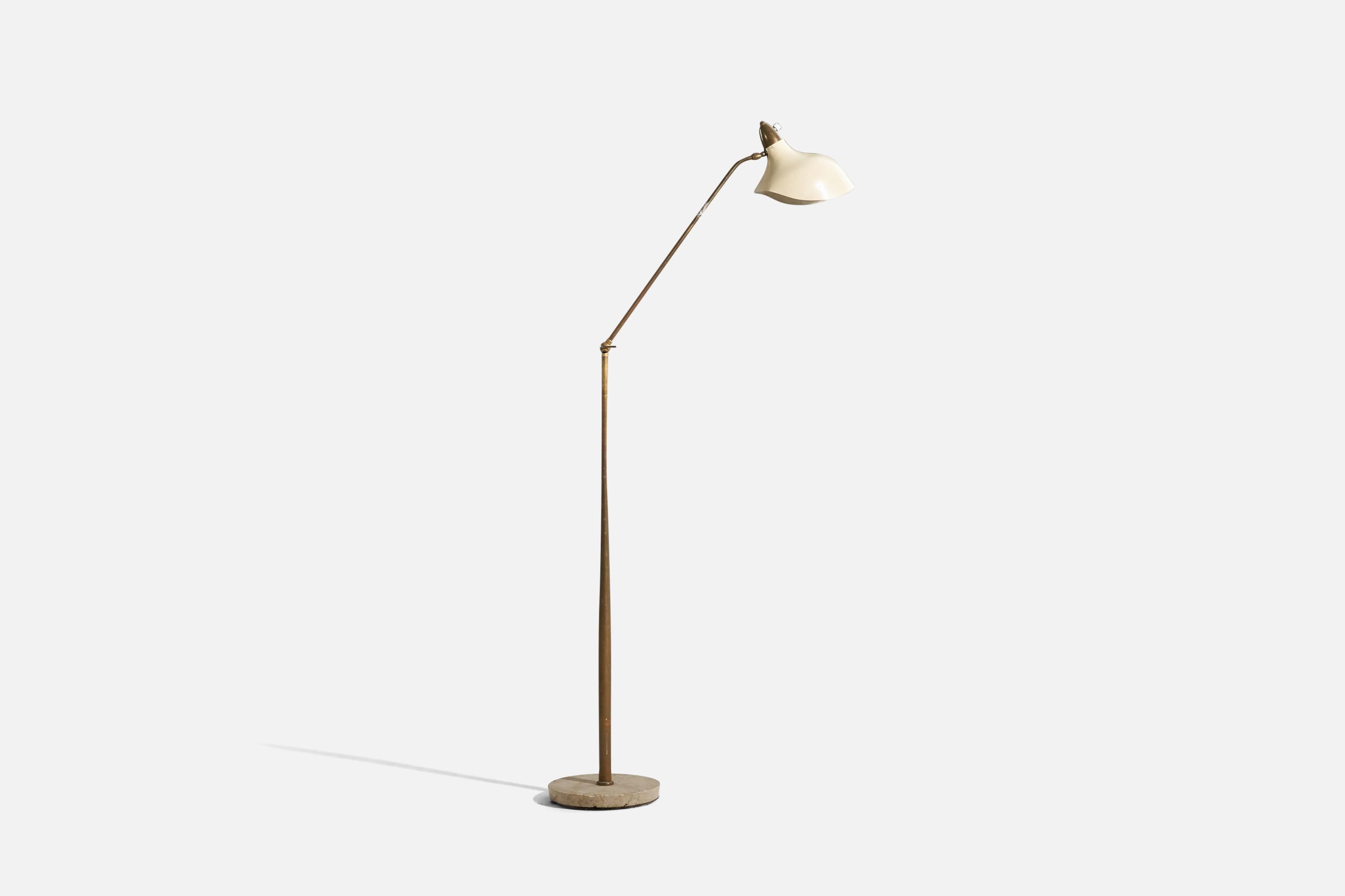 A brass, marble and metal floor lamp designed and produced in Italy, c. 1950s.

Variable dimensions, measured as illustrated in the first image.

Socket takes standard E-26 medium base bulb.
There is no maximum wattage stated on the fixture.