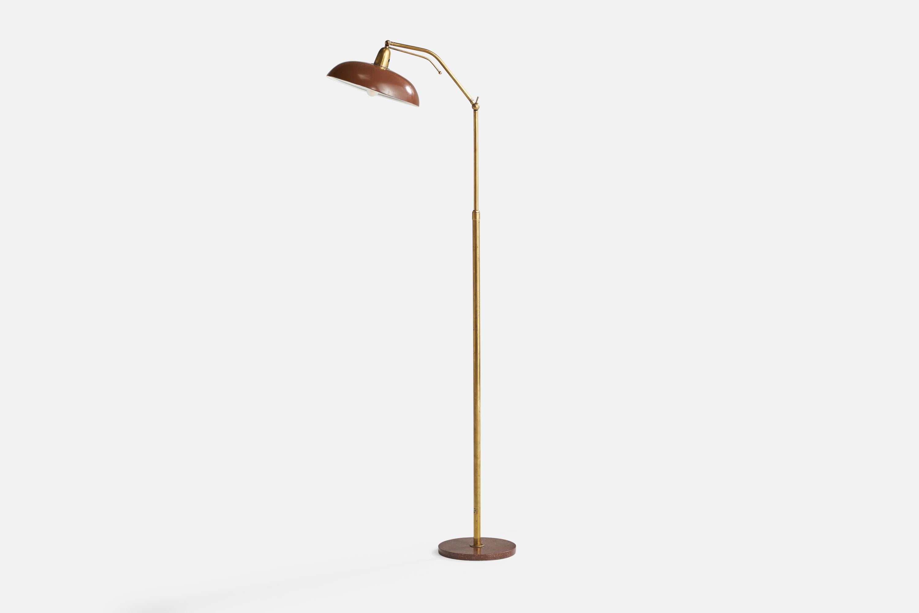 An adjustable brass, marble and brown-lacquered metal floor lamp designed and produced in Italy, 1950s.

Overall Dimensions (inches): 63.8” H x 11.5” W x 24” D
Bulb Specifications: E-26 Bulb
Number of Sockets: 1
 
All lighting will be converted for