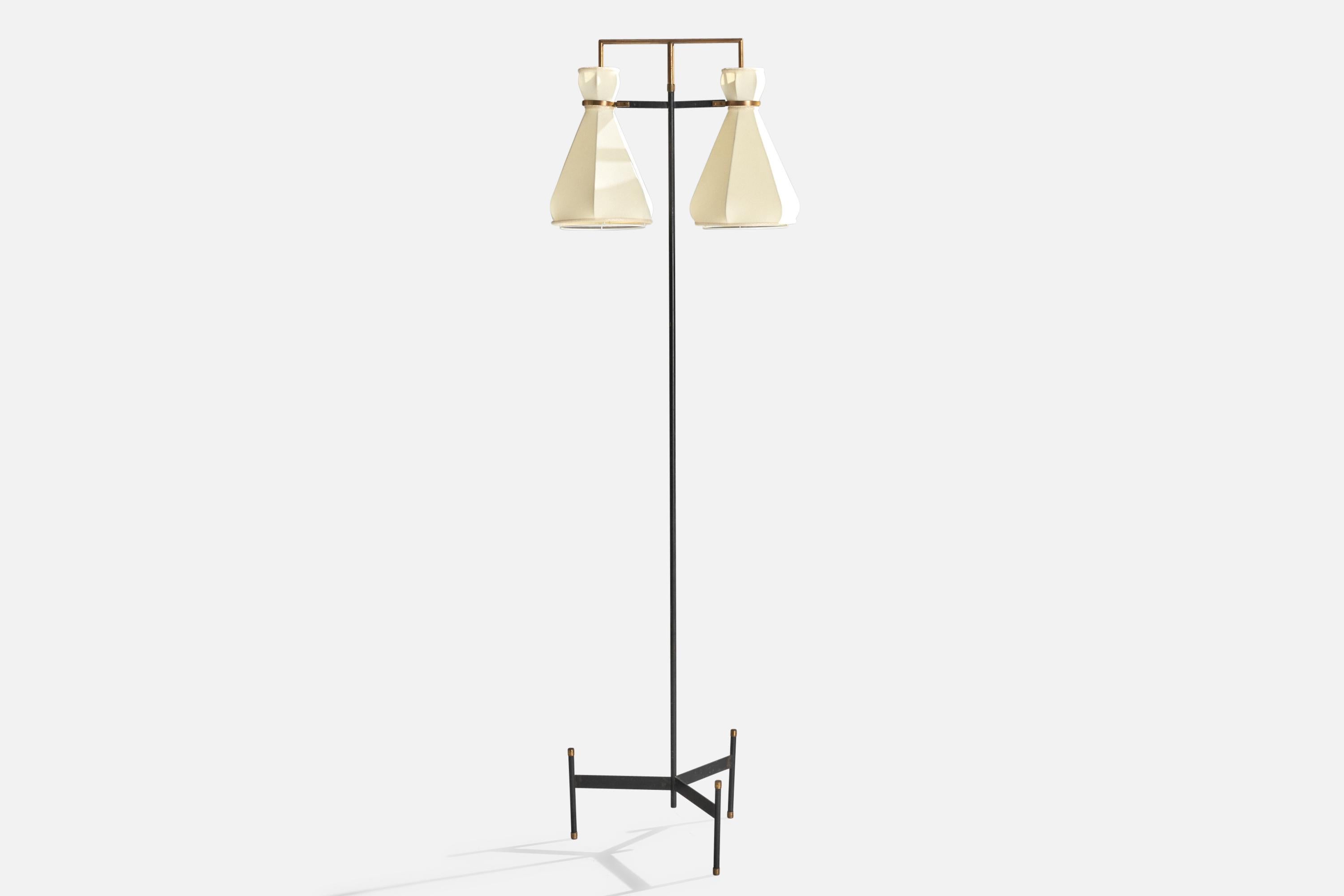 A brass, black-lacquered metal and fabric floor lamp designed and produced in Italy, c. 1950s.

Brand new lampshades.

Dimensions of Lamp (inches): 66.25” H x 15.5” W x 15.5” D

Dimensions of Lamp with Shade (inches): 66.25” H x 18.25”