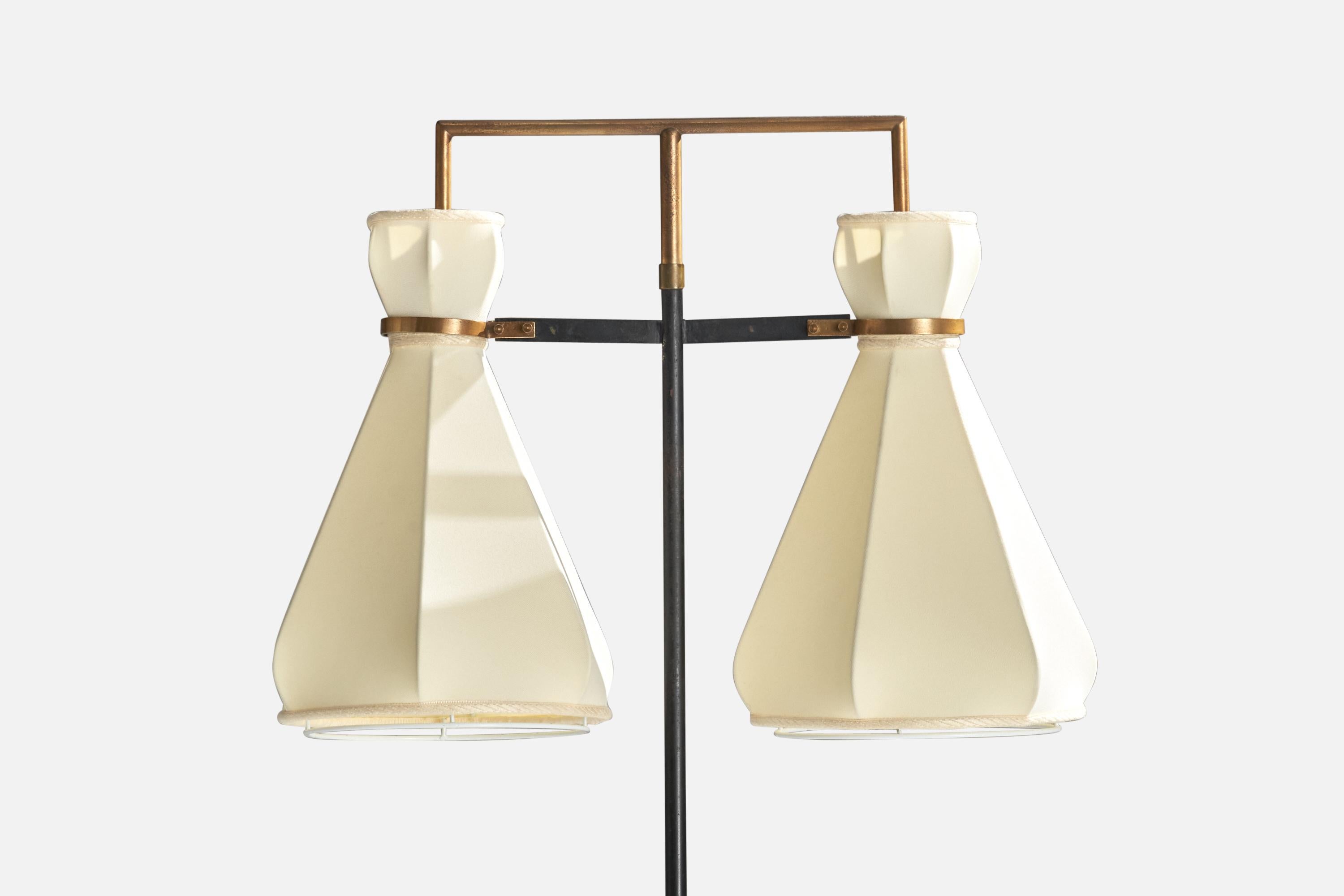 Mid-Century Modern Italian Designer, Floor Lamp, Brass, Metal, Fabric, Italy, 1950s For Sale