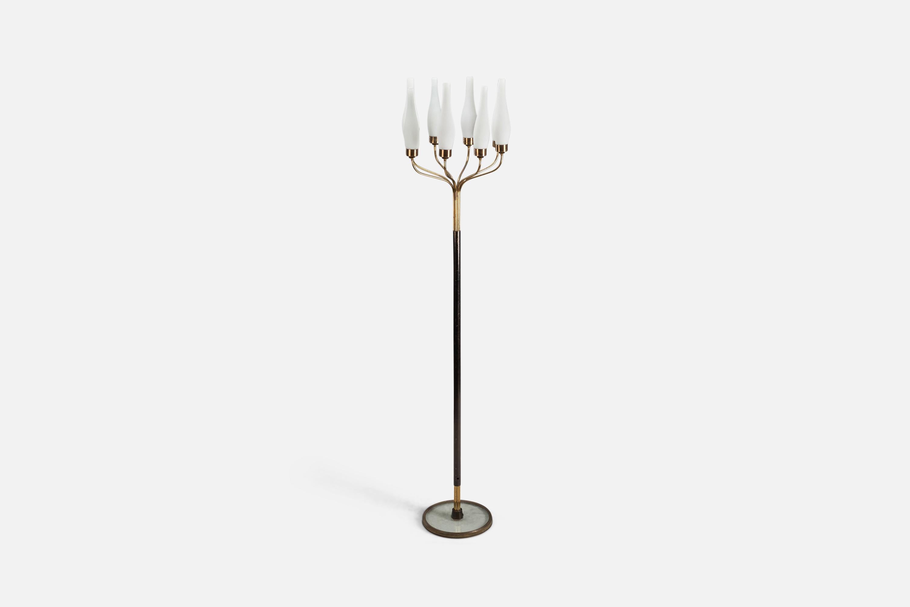 A brass, metal and glass floor lamp designed and produced by an Italian Designer, Italy, 1950s.

Sockets take E-14 bulbs.

There is no maximum wattage stated on the fixture.