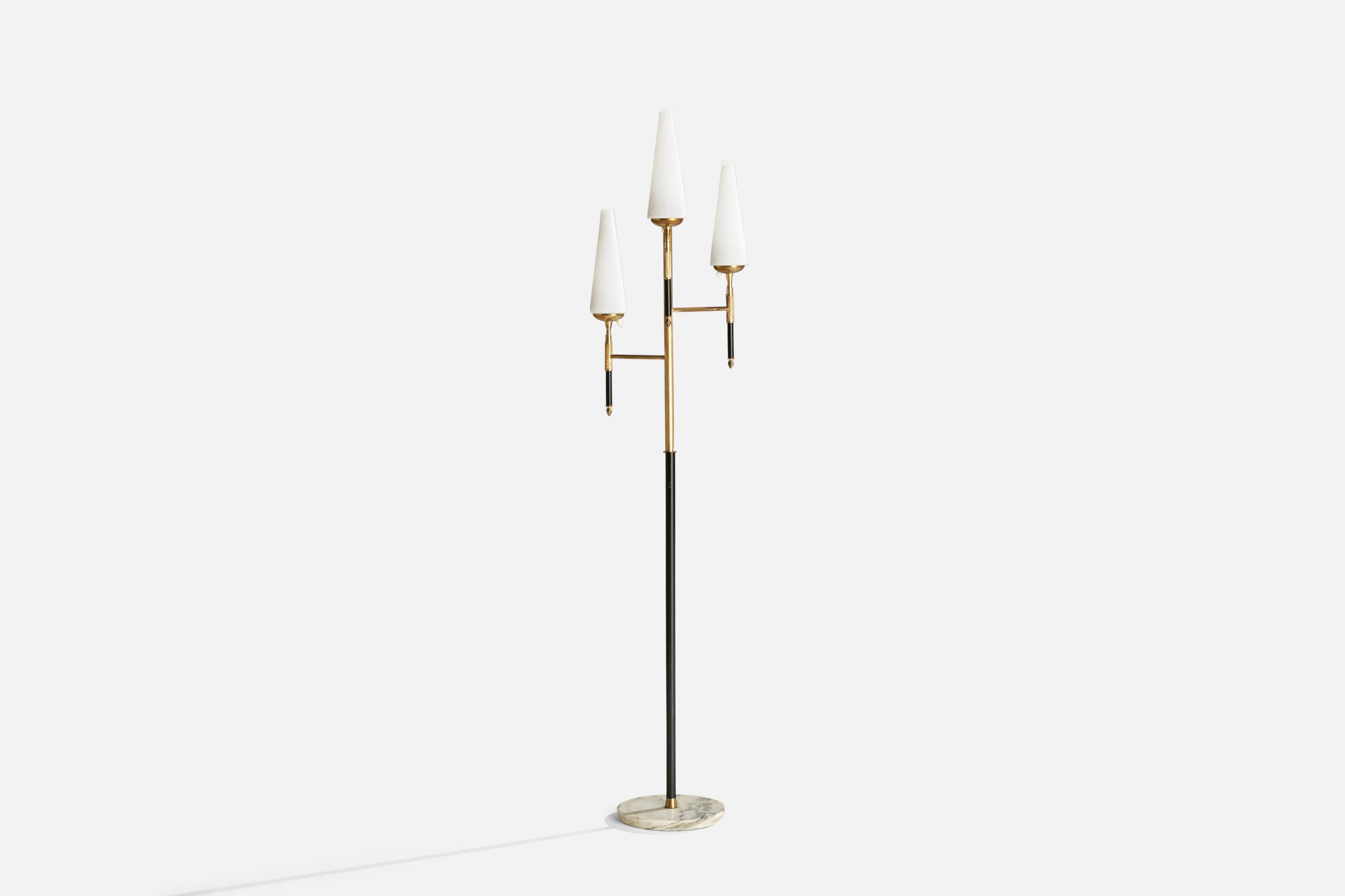 A three-armed brass, black-lacquered metal and opaline glass floor lamp designed and produced in Italy, 1950s.

Overall Dimensions (inches): 71.5”  H x 15” W x 10” D
Stated dimensions include shade.
Bulb Specifications: E-14 Bulb
Number of Sockets: