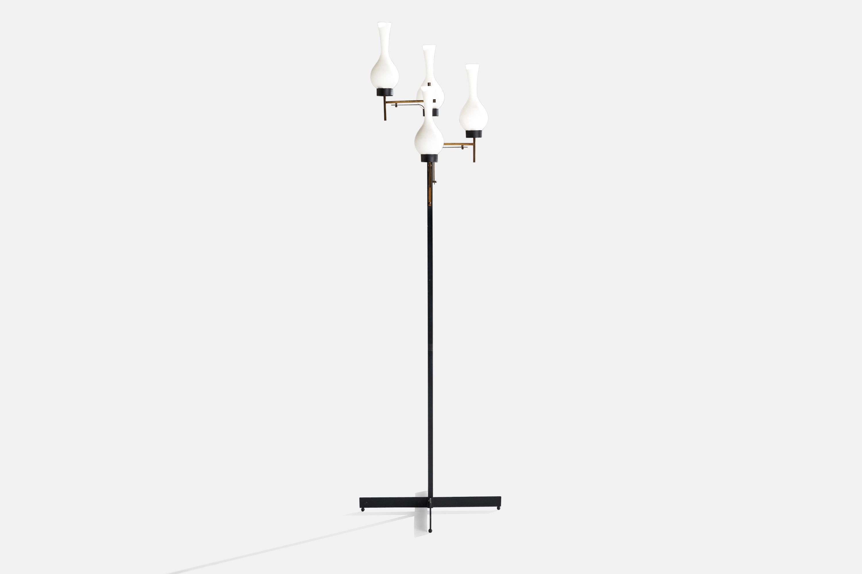 A black-lacquered metal, brass and opaline glass floor lamp designed and produced in Italy, 1950s.

Overall Dimensions (inches): 70.5” H x 16” W x 16” D
Stated dimensions include shade.
Bulb Specifications: E-14 Bulb
Number of Sockets: 4
All