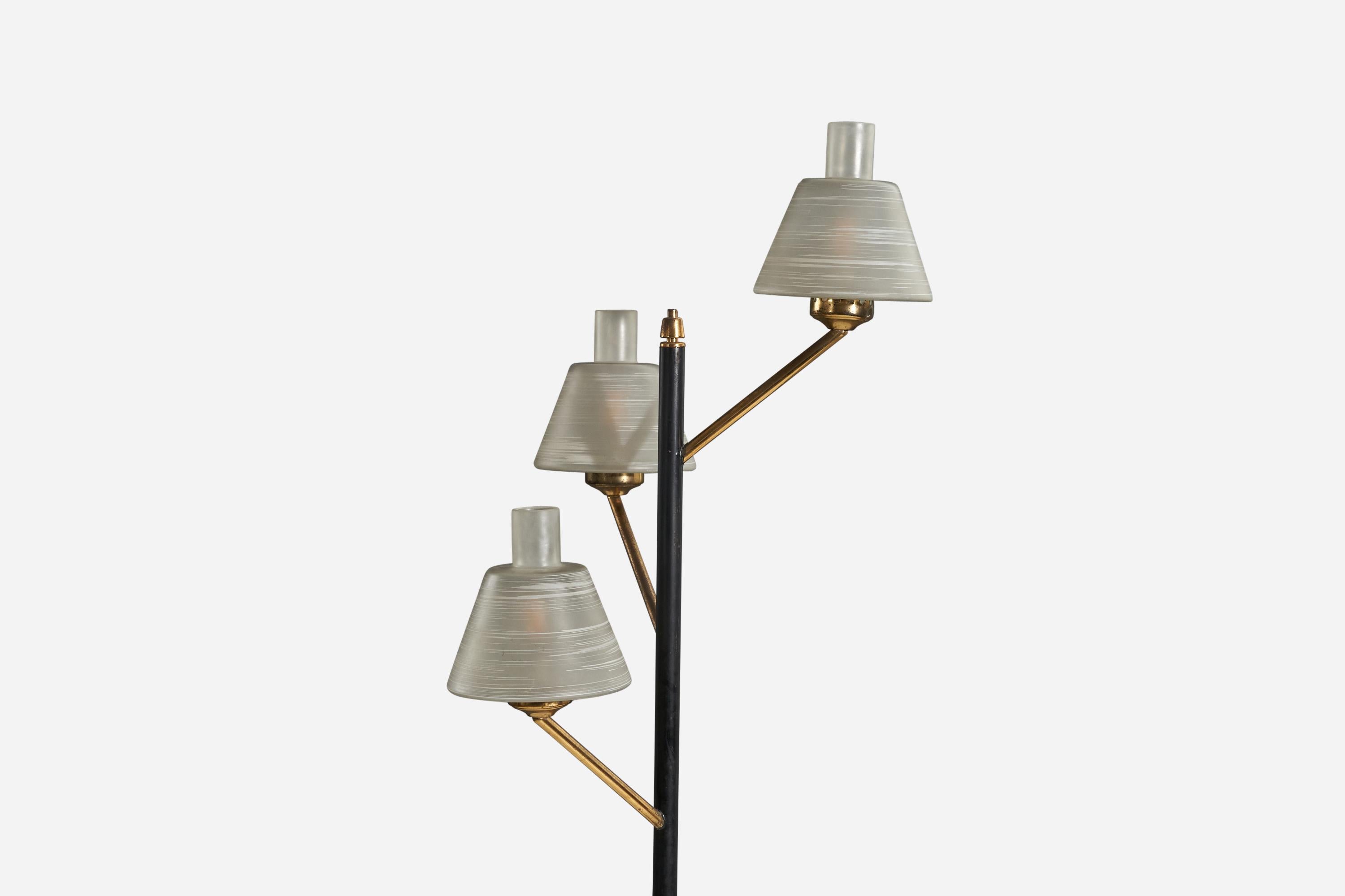Mid-Century Modern Italian Designer, Floor Lamp, Brass, Metal, Glass, Italy, 1950s For Sale