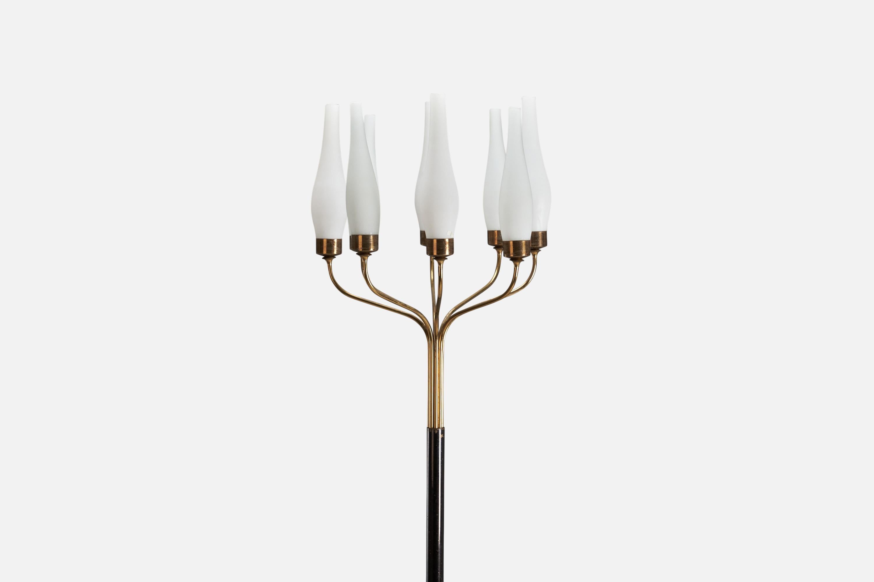 Mid-Century Modern Italian Designer, Floor Lamp, Brass, Metal, Glass, Italy, 1950s For Sale