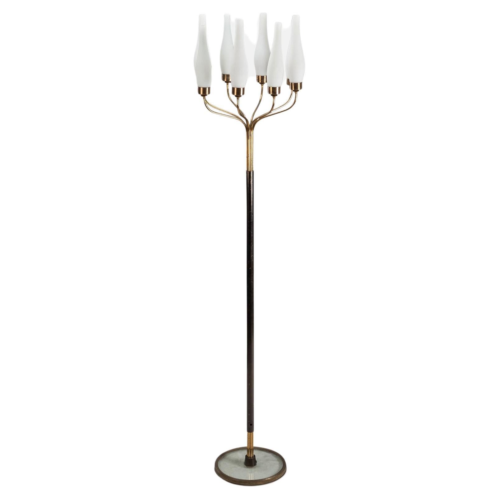 Italian Designer, Floor Lamp, Brass, Metal, Glass, Italy, 1950s For Sale