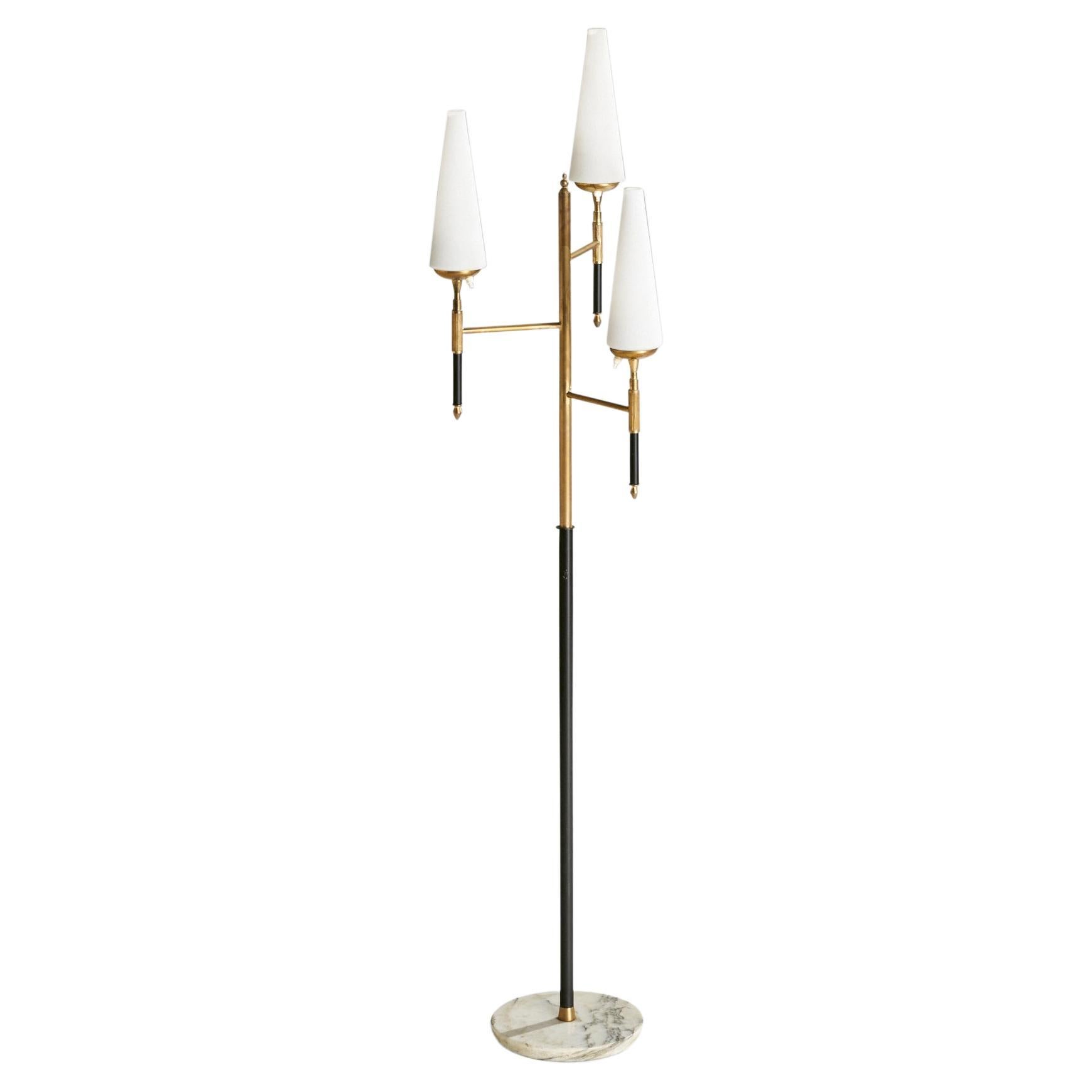 Italian Designer, Floor Lamp, Brass, Metal, Glass, Italy, 1950s