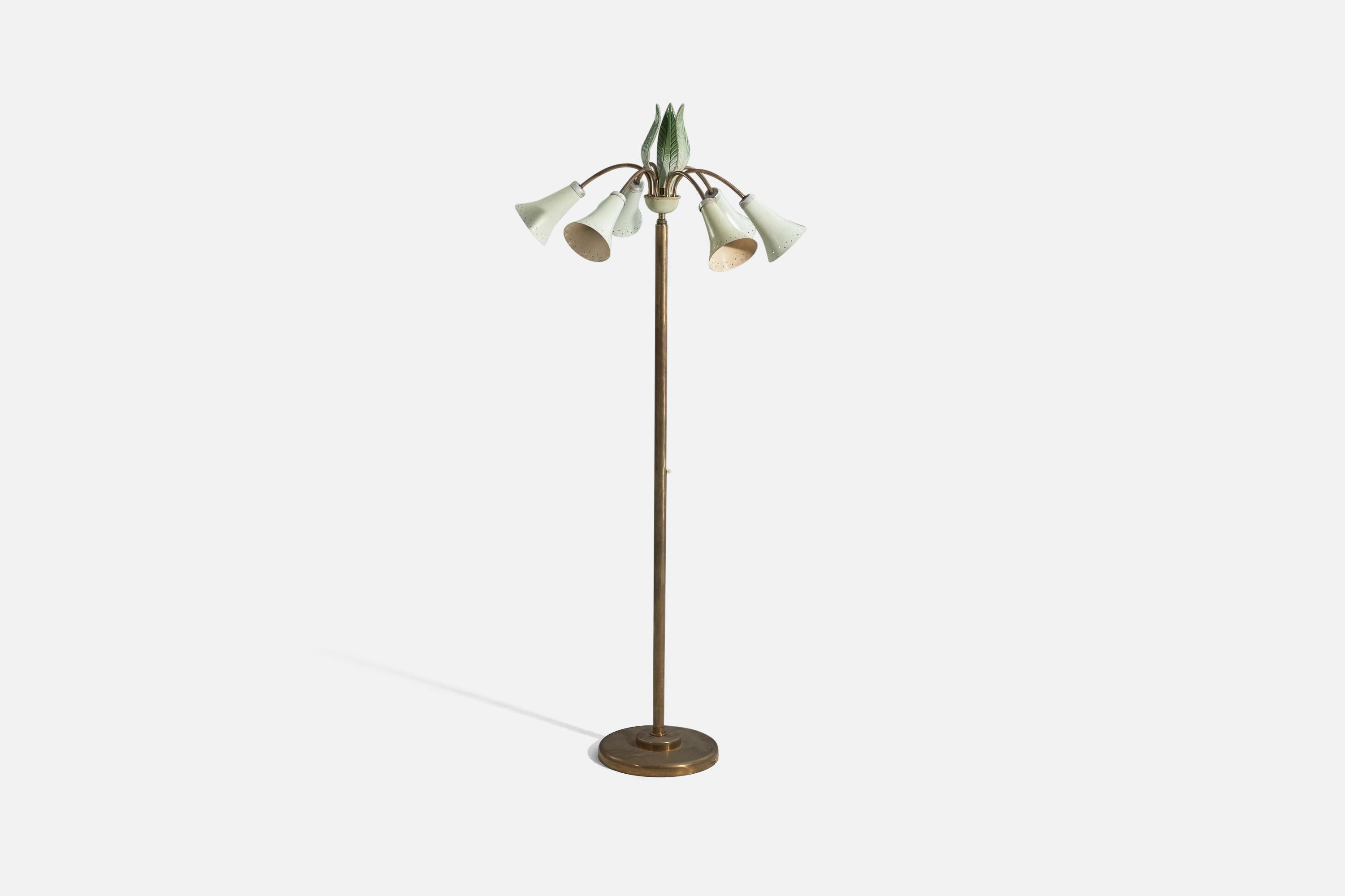 A brass, metal and iron floor lamp designed and produced in Italy, 1940s.

