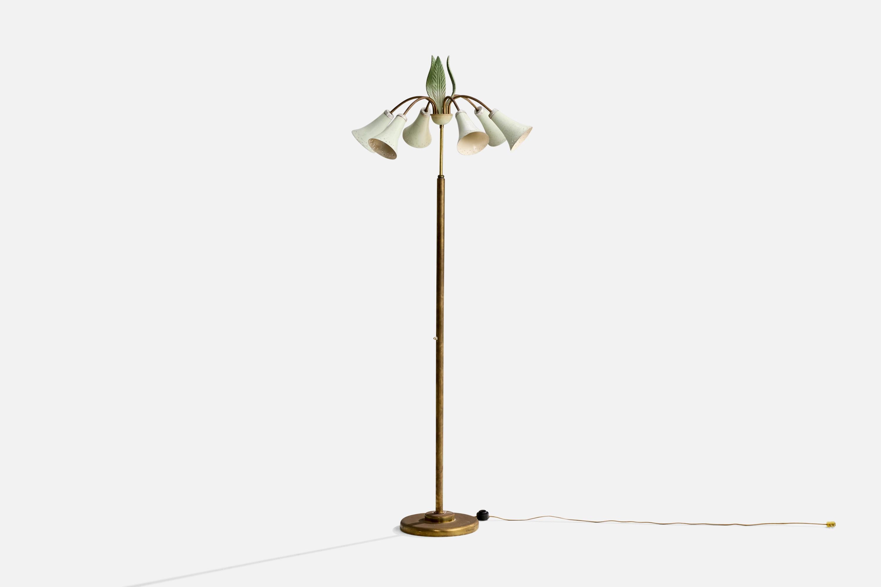A brass, green-lacquered metal and iron floor lamp designed and produced in Italy, c. 1950s.

Overall Dimensions (inches): 64.25
