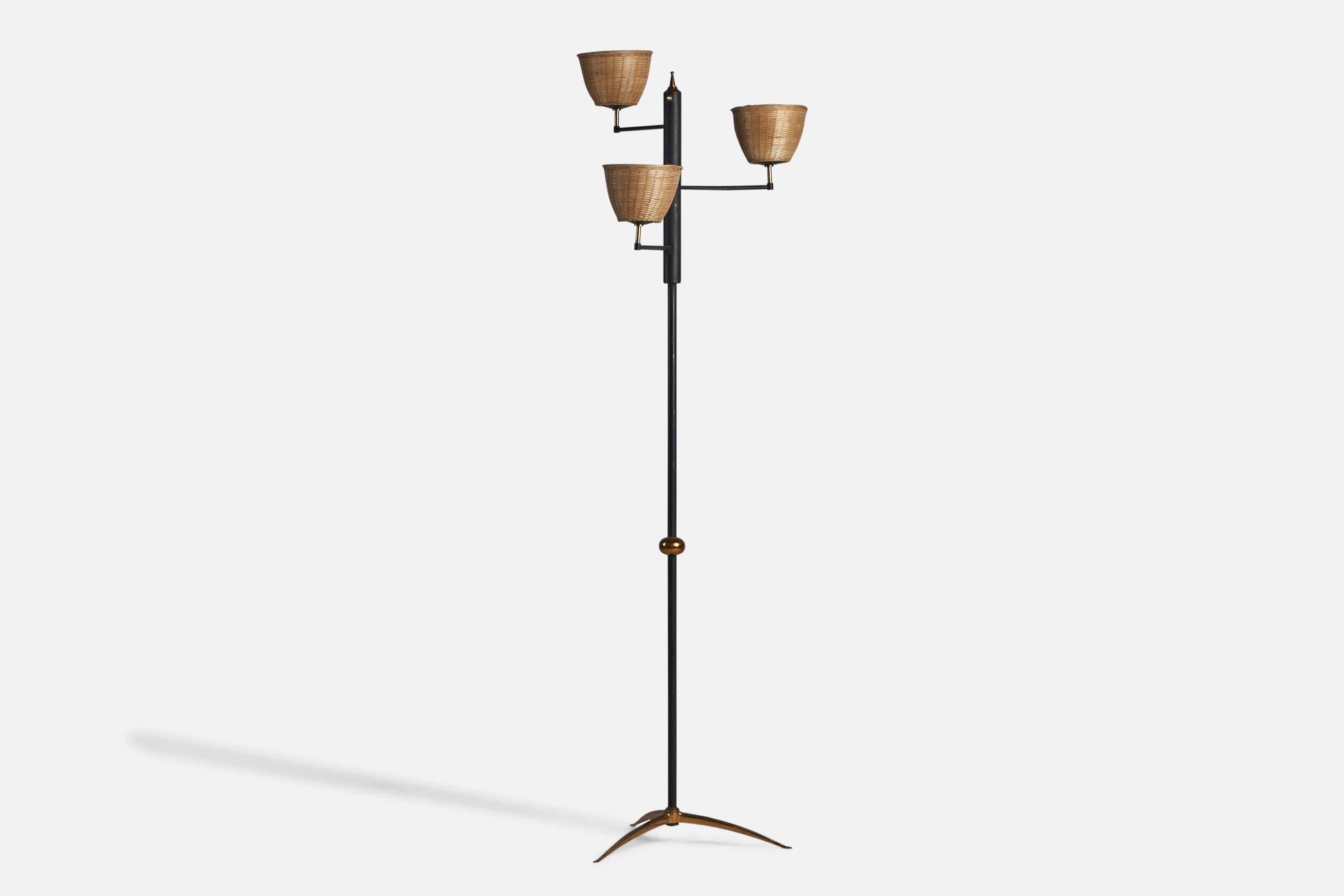 
A three-armed brass, black-lacquered metal and rattan floor lamp designed and produced in Italy, 1940s.
Overall Dimensions (inches): 68.75” H x 24” Diameter
Bulb Specifications: E-14 Bulb
Number of Sockets: 3
All lighting will be converted for US