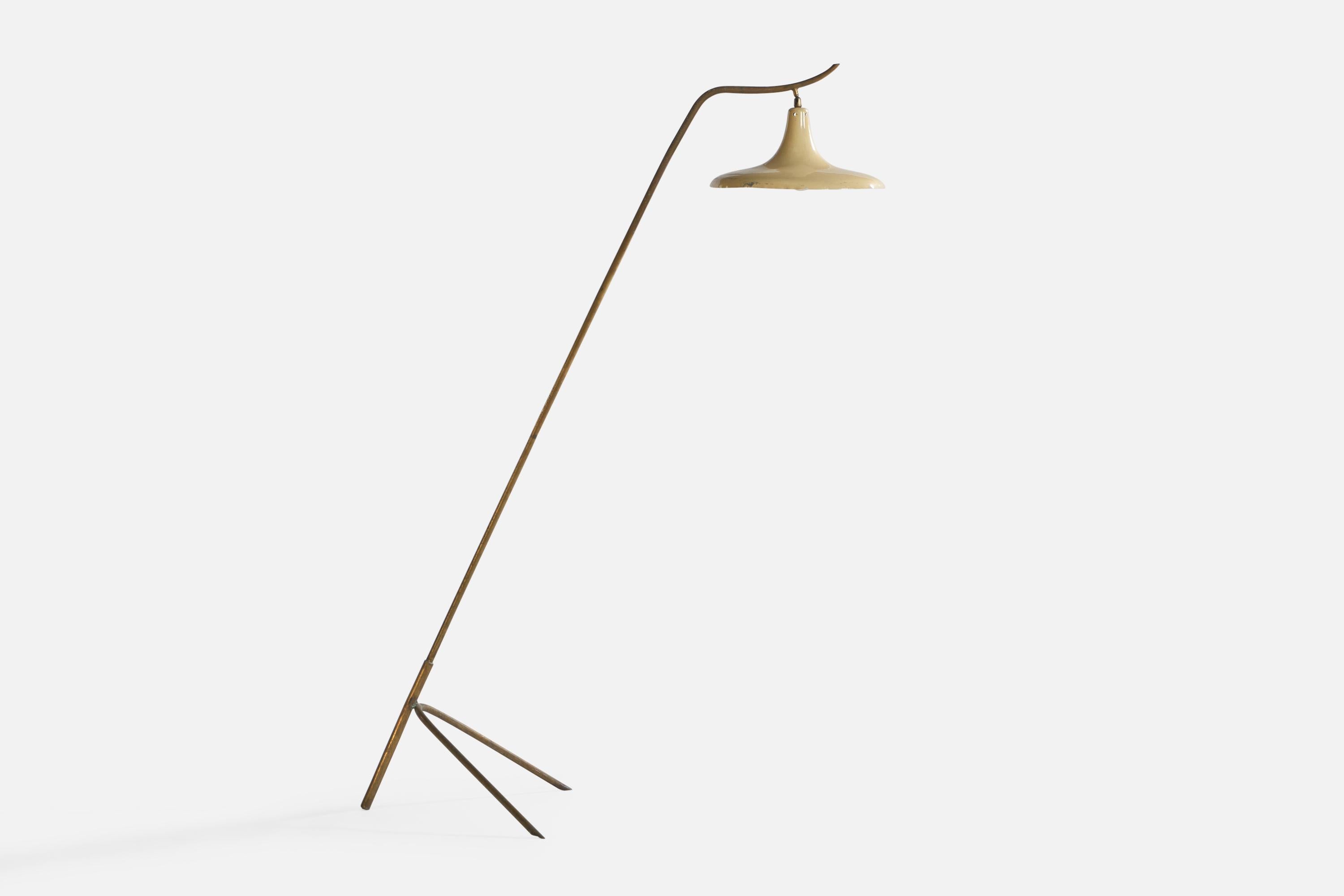 A brass and beige-glazed metal floor lamp designed and produced in Italy, c. 1940s.

Overall Dimensions (inches): 63.25” H x 22” W x 44” D. 
Bulb Specifications: E-26 Bulb
Number of Sockets: 1
All lighting will be converted for US usage. We are