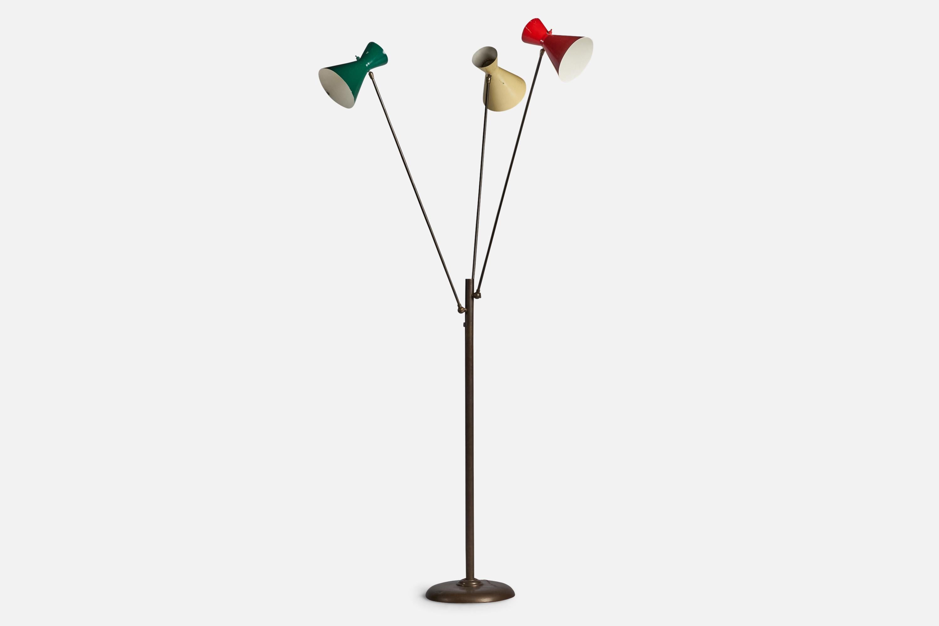 An adjustable brass and green yellow and red-lacquered metal floor lamp designed and produced in Italy, c. 1980s.

Overall Dimensions (inches): 73.75” H x 31.5” Diameter
Bulb Specifications: E-26 Bulb
Number of Sockets: 3
All lighting will be