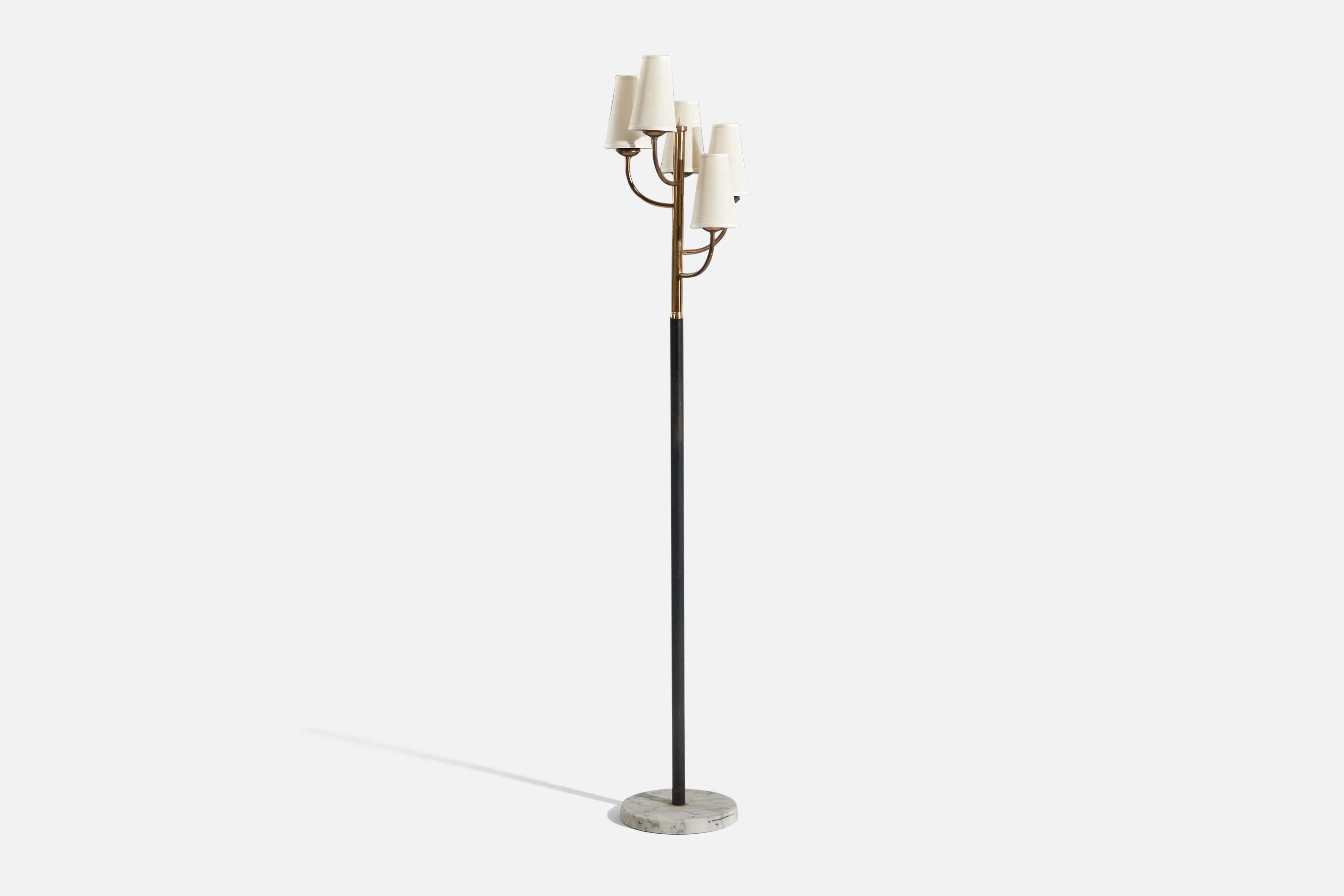 A brass, metal, marble and fabric floor lamp designed and produced in Italy, c. 1950s.

Sold with Lampshades. 
Stated dimensions refer to the lamp with the lampshade.
 