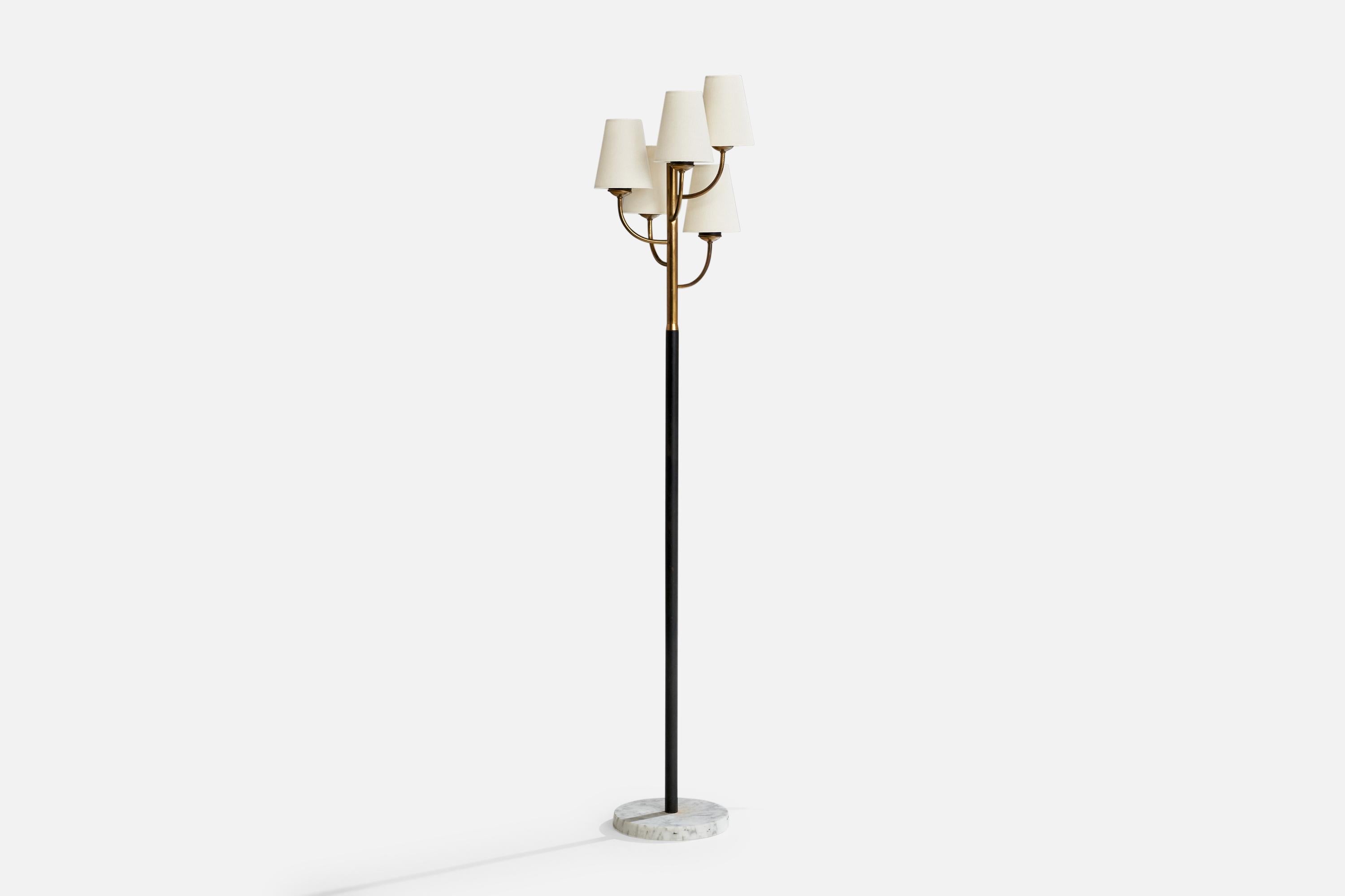 A brass, black-lacquered metal, fabric and marble floor lamp designed and produced in Italy, c. 1950s.

Dimensions of Lamp with Shade (inches): 66.75” H x 14“ Diameter

Bulb Specifications: E-14 candle

Number of Sockets (per fixture): 5

Sold with