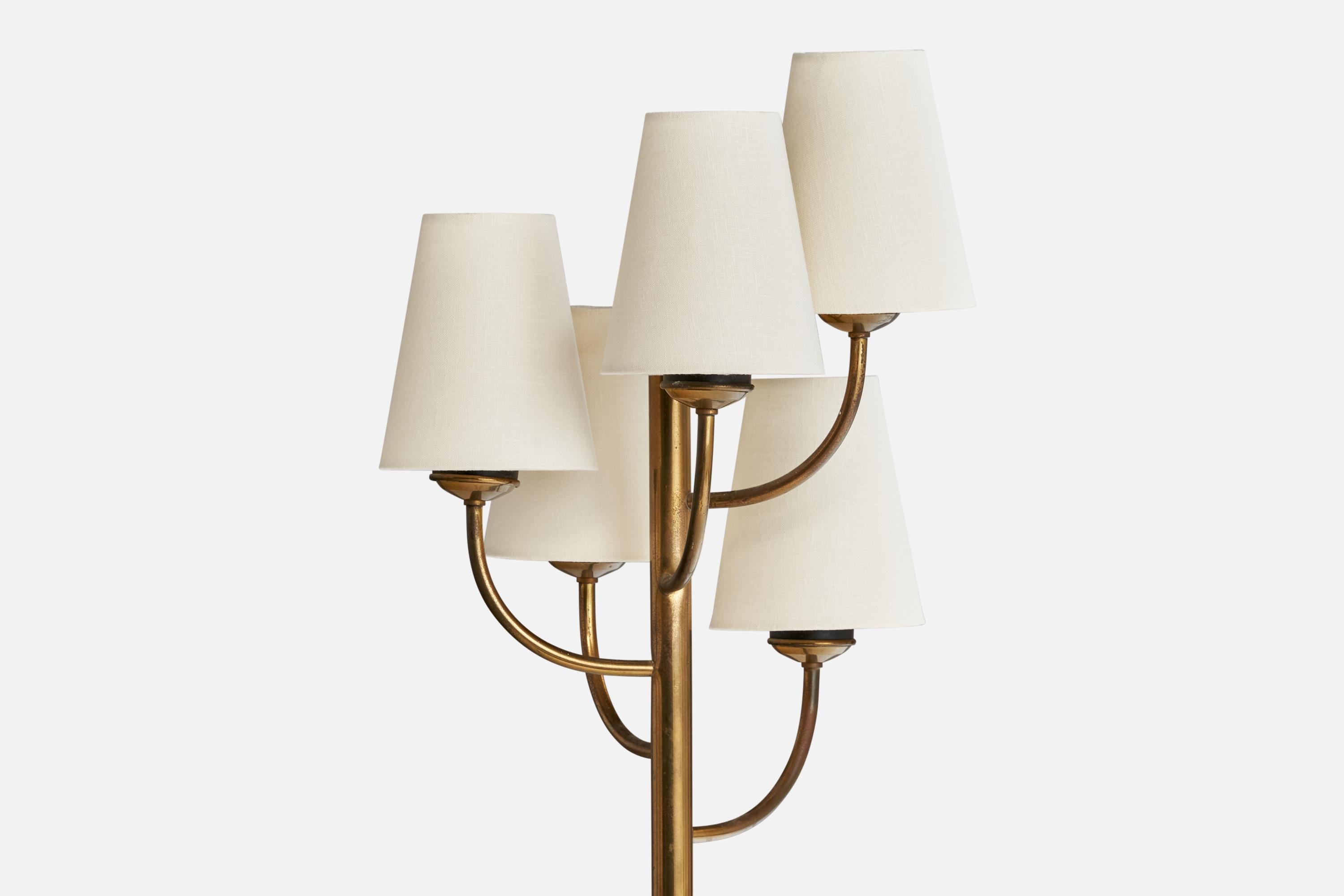 Italian Designer, Floor Lamp, Brass, Metal, Marble, Fabric, Italy, 1950s In Good Condition For Sale In High Point, NC