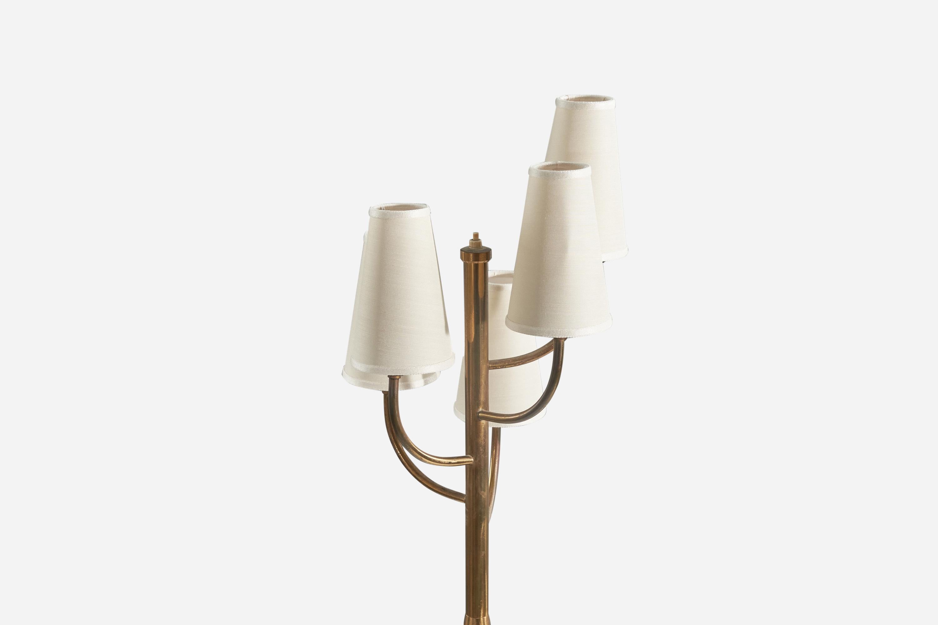 Italian Designer, Floor Lamp, Brass, Metal, Marble, Fabric, Italy, 1950s In Good Condition For Sale In High Point, NC
