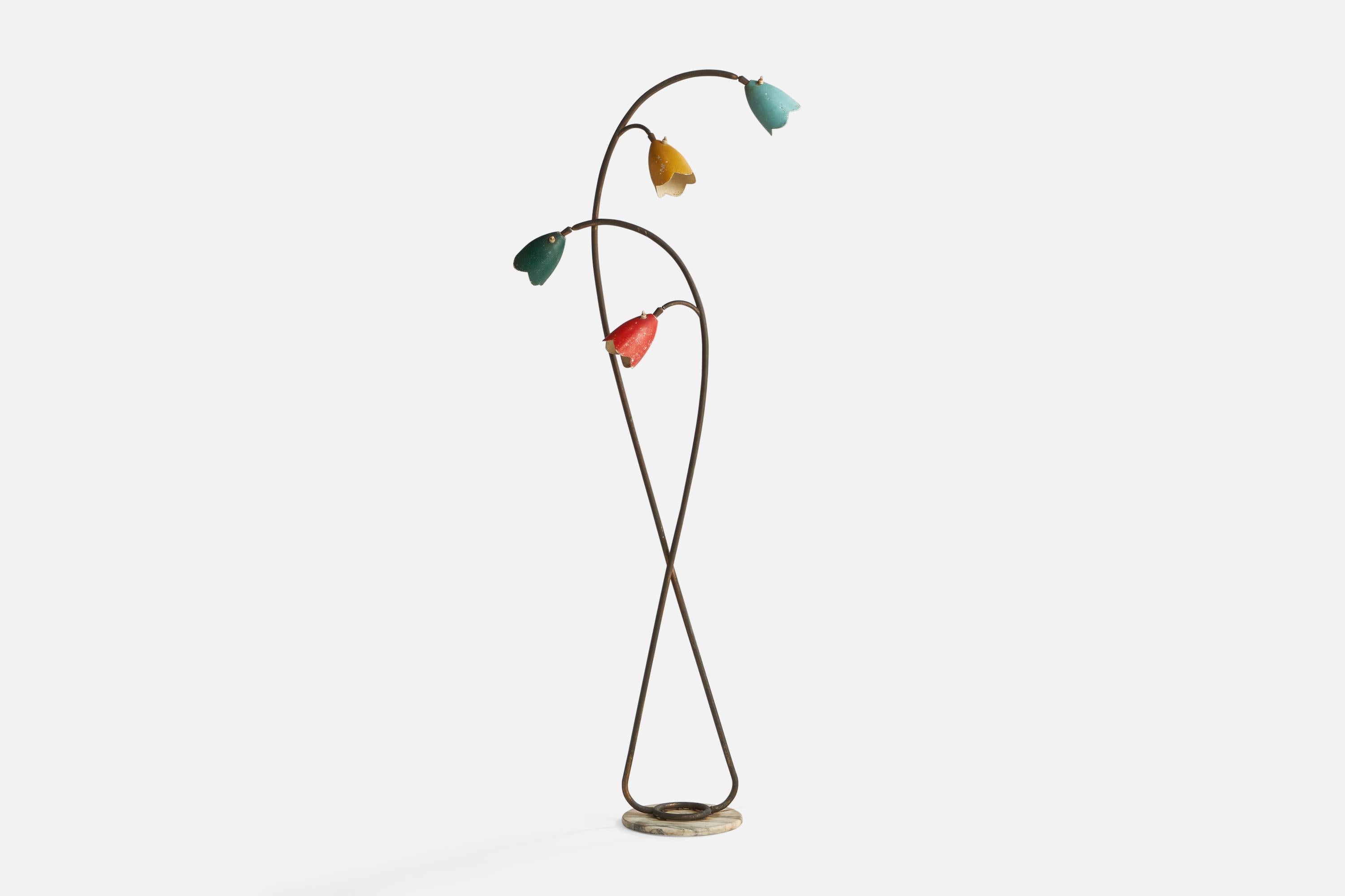 A four-armed brass, marble and red, green, blue and yellow lacquered metal floor lamp designed and produced in Italy, c. 1940s.

Overall Dimensions (inches): 71.1” H x 24.25” W x 11.75” D
Bulb Specifications: E-26 Bulb
Number of Sockets: 4
 
All